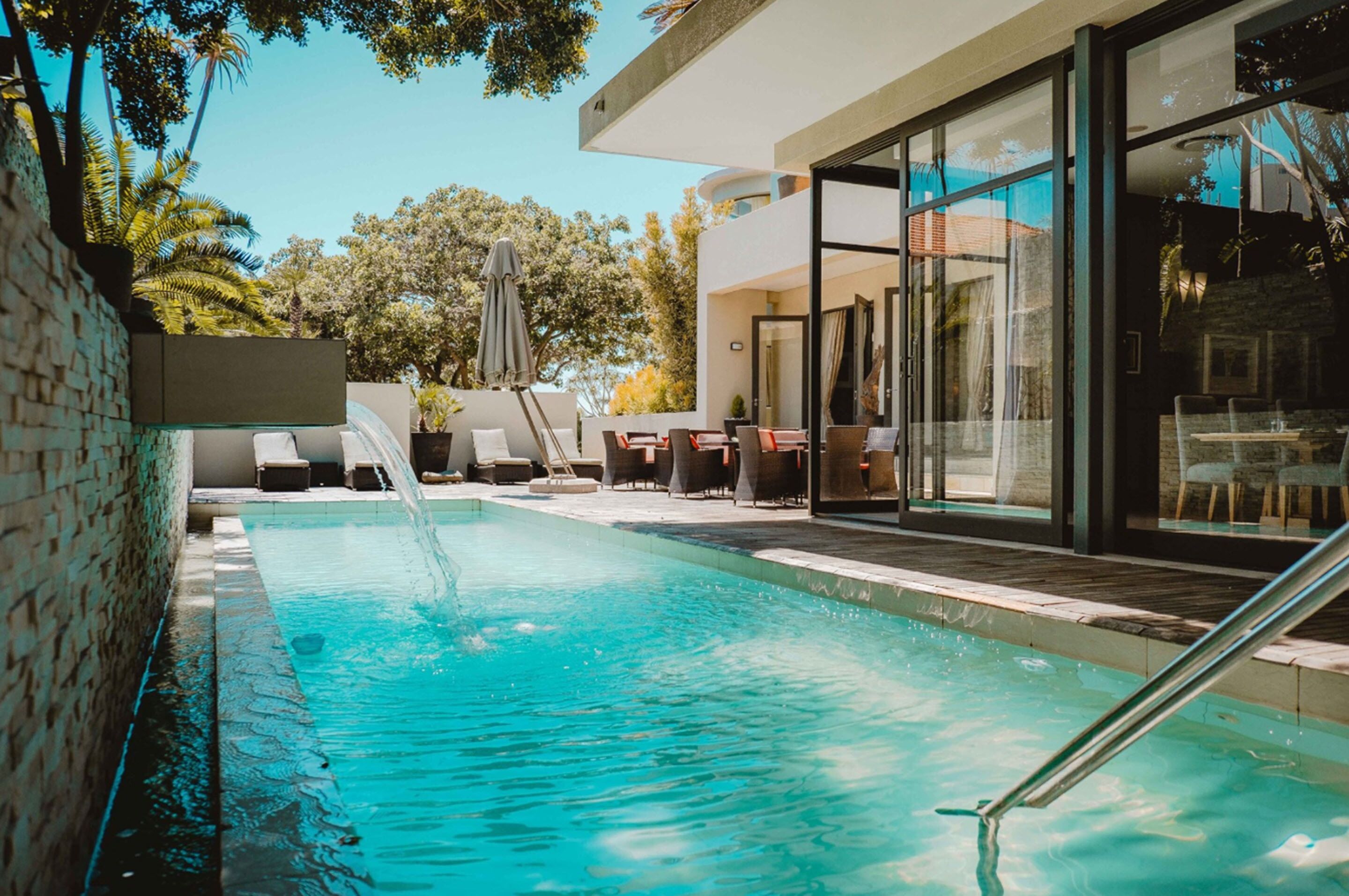 outdoor pool, pool loungers