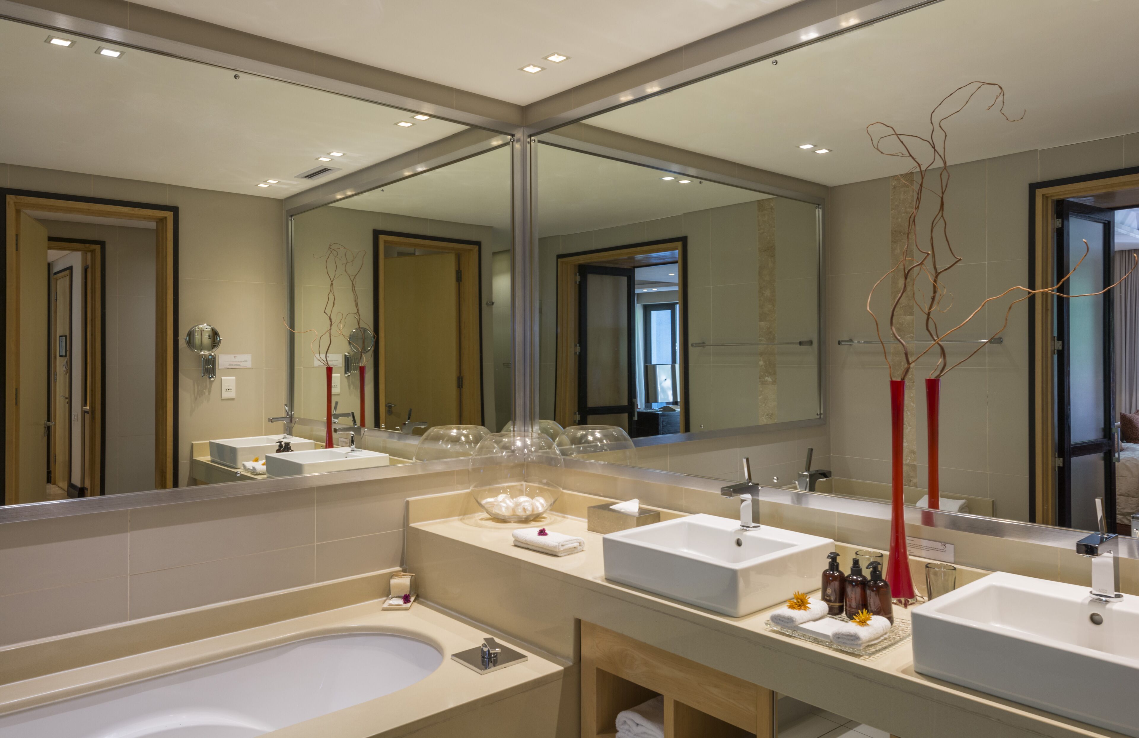 separate bathtub and shower, designer toiletries, hair dryer, bathrobes