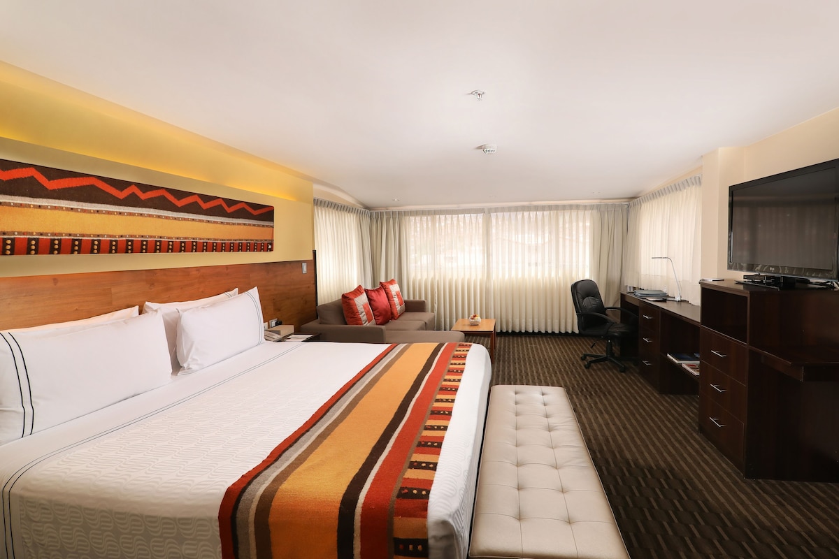 Una habitación de hotel con una cama grande, un escritorio, una silla, un televisor y una ventana con cortinas.