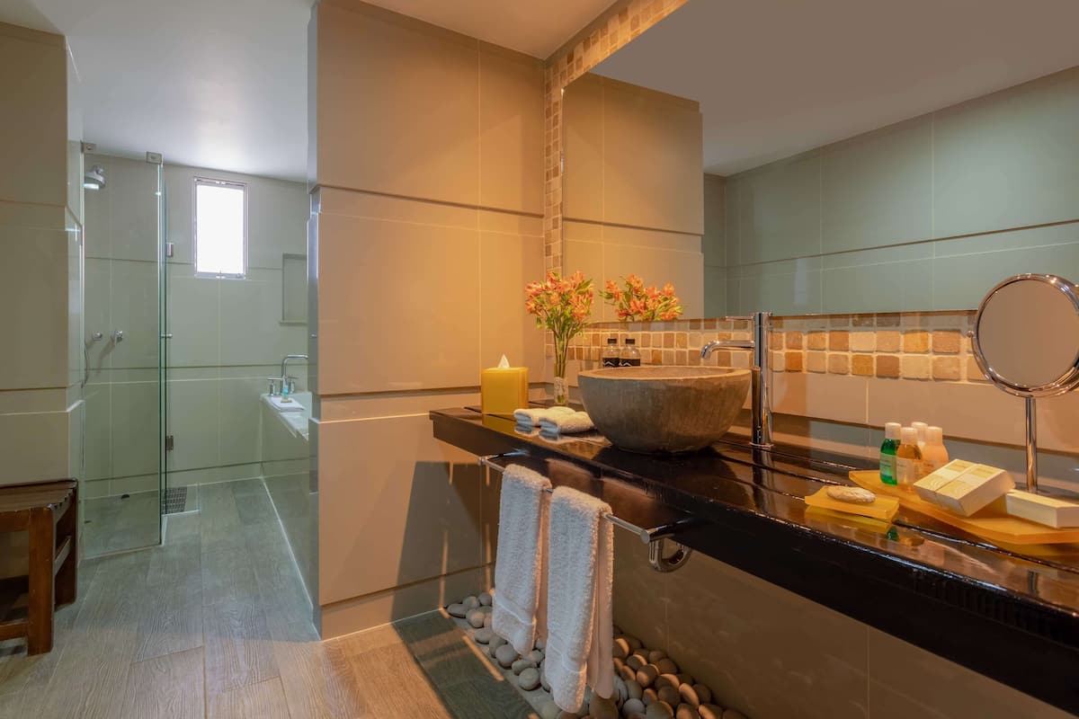 combined shower/bathtub, deep-soaking bathtub, rainfall showerhead