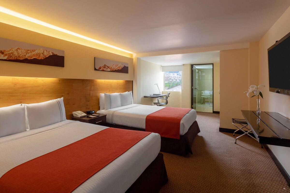 Une chambre d’hôtel avec deux lits, un bureau, une chaise et un espace douche.