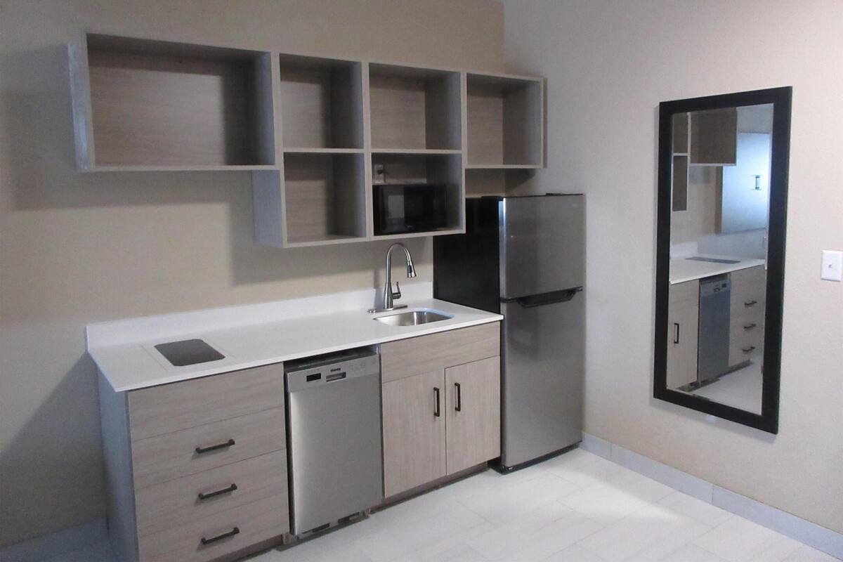 A modern kitchen with a built-in dishwasher, stainless steel refrigerator, and a large mirror on the wall.