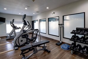 Academia com aparelhos de cardio, halteres e uma bola de exercício azul.