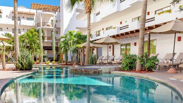 Un área de piscina con sillones de descanso y palmeras.