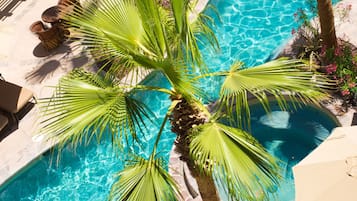 Piscine extérieure, parasols de plage, chaises longues