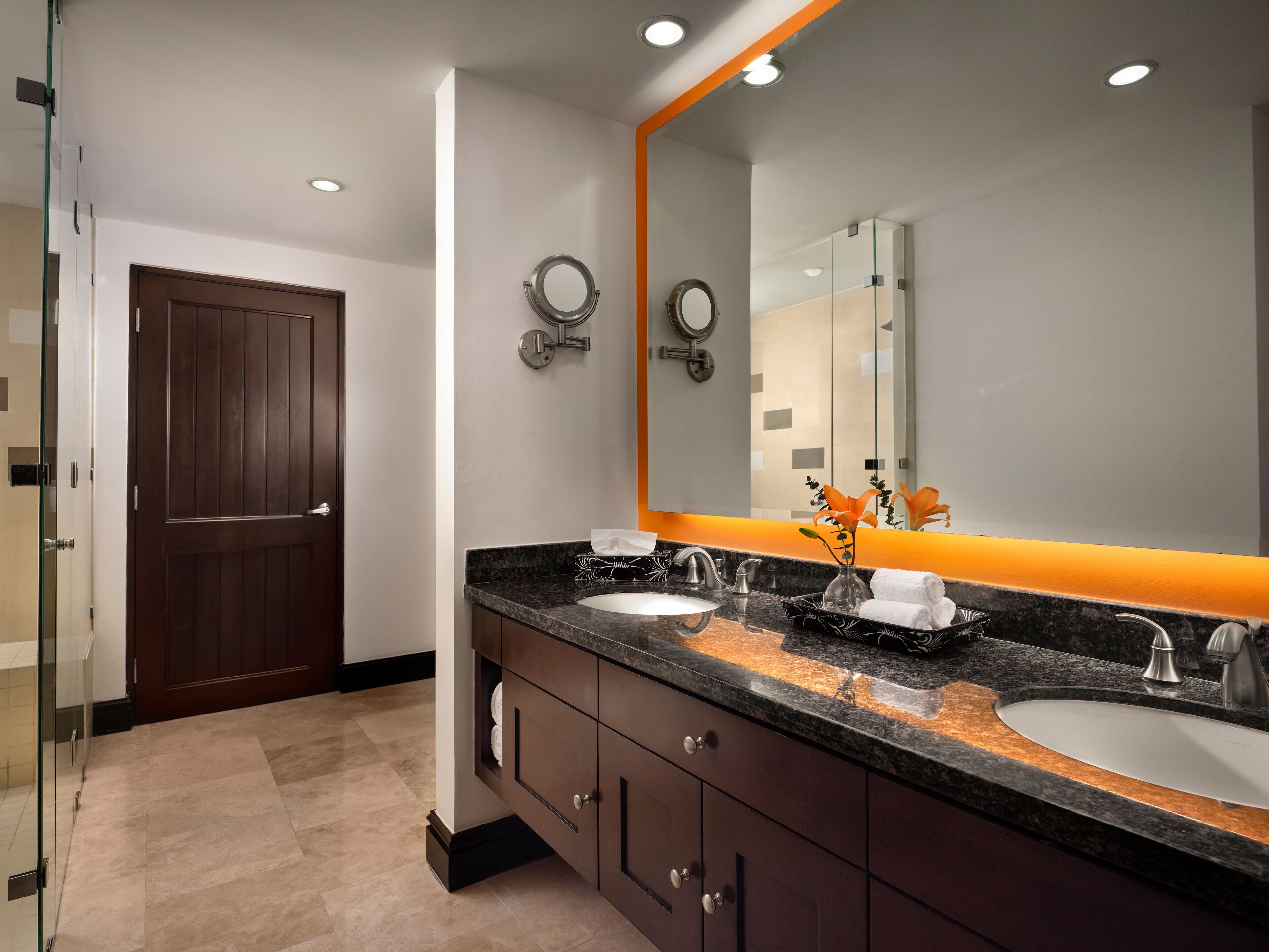 designer toiletries, hair dryer, bathrobes, towels