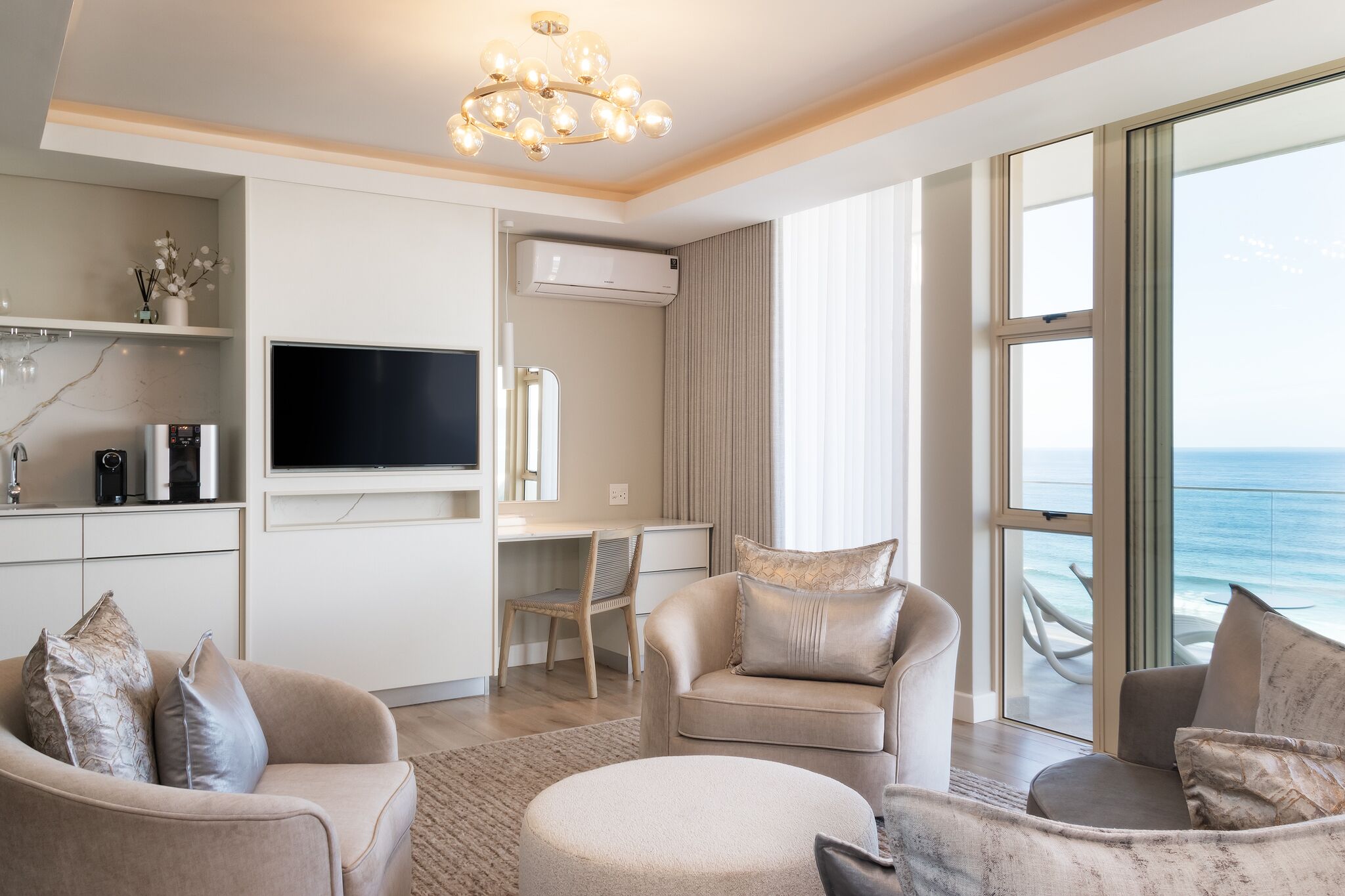 superior sea facing suite | living area | 43-inch smart tv with satellite channels