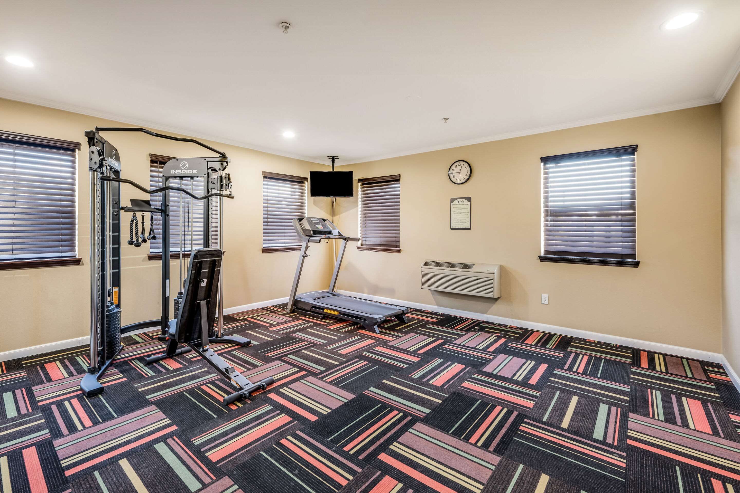 Un gimnasio con equipo de ejercicio, una cinta de correr y una alfombra estampada.