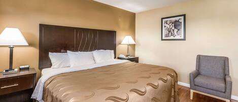 A hotel room with a large bed, two bedside tables with lamps, a chair, and a framed picture on the wall.