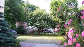 A residential driveway with a car parked on the left, a covered patio area with outdoor furniture, and a large tree with pink flowers in the foreground. - Hotel Pension Streuhof Berlin (Berlin)