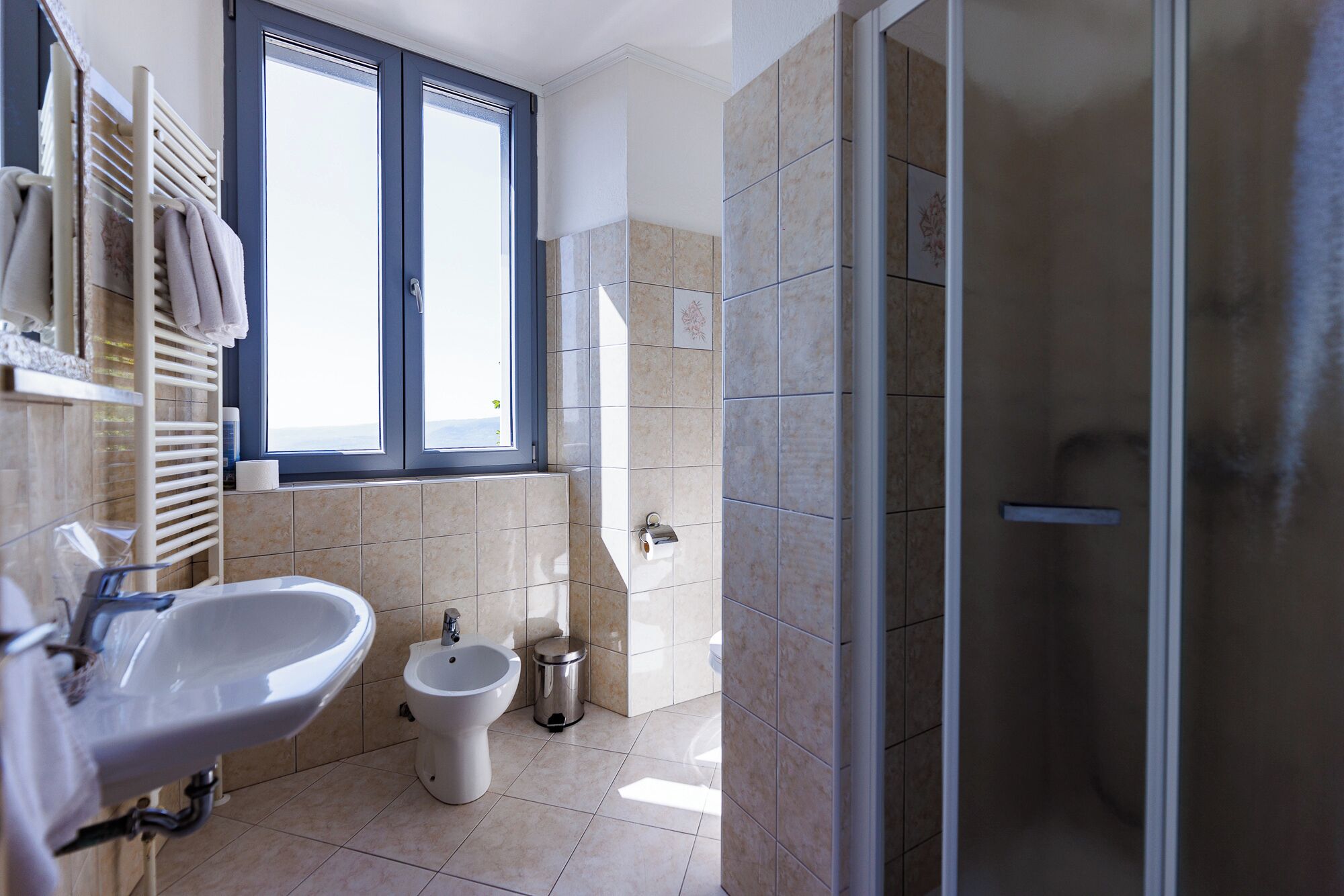 panoramic double room | bathroom | shower, free toiletries, hair dryer, towels