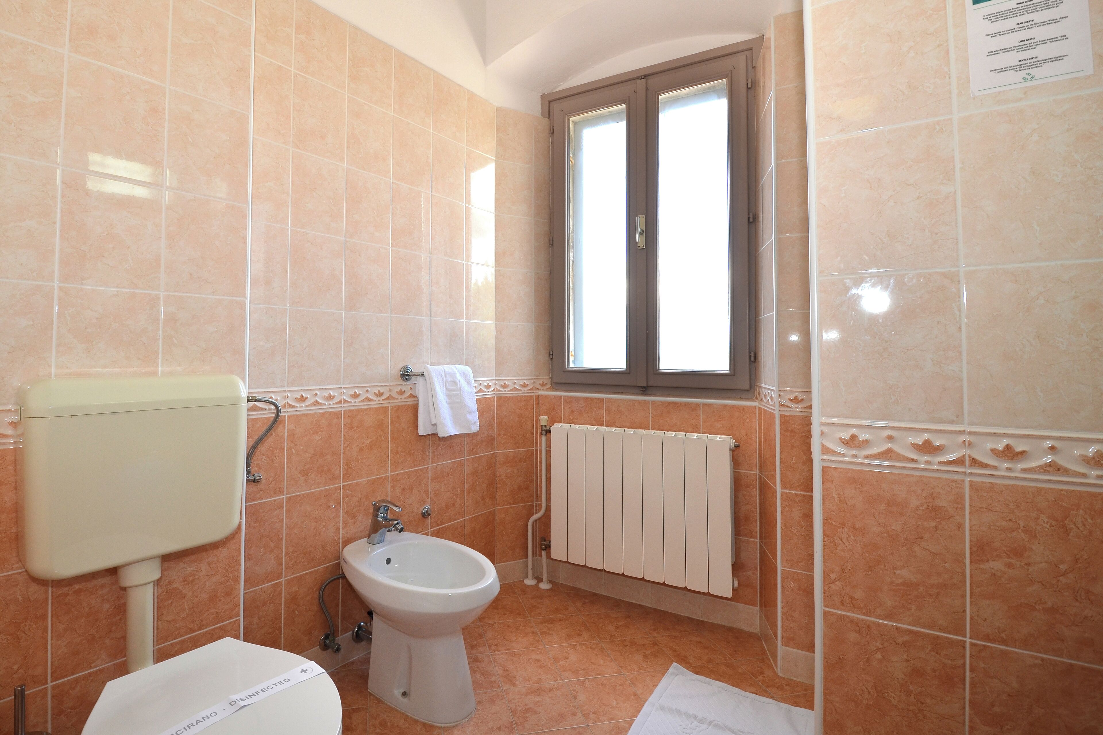 A bathroom with a toilet, bidet, and a window with a view.