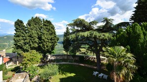 A lush garden with a stone wall, a palm tree, and a view of the countryside. - Hotel Kastel (Motovun)