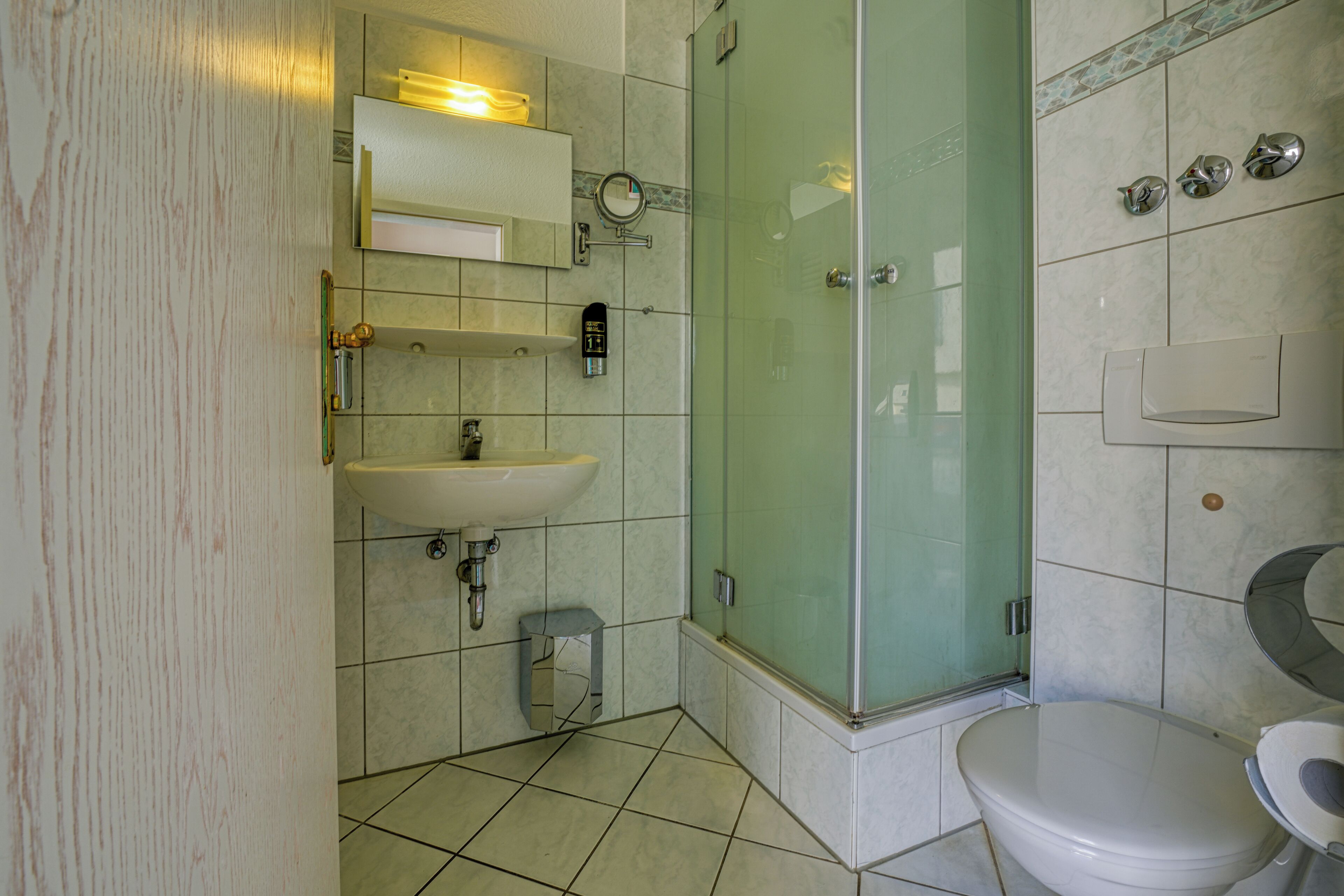 A modern bathroom with a glass-enclosed shower, a sink, and a toilet.