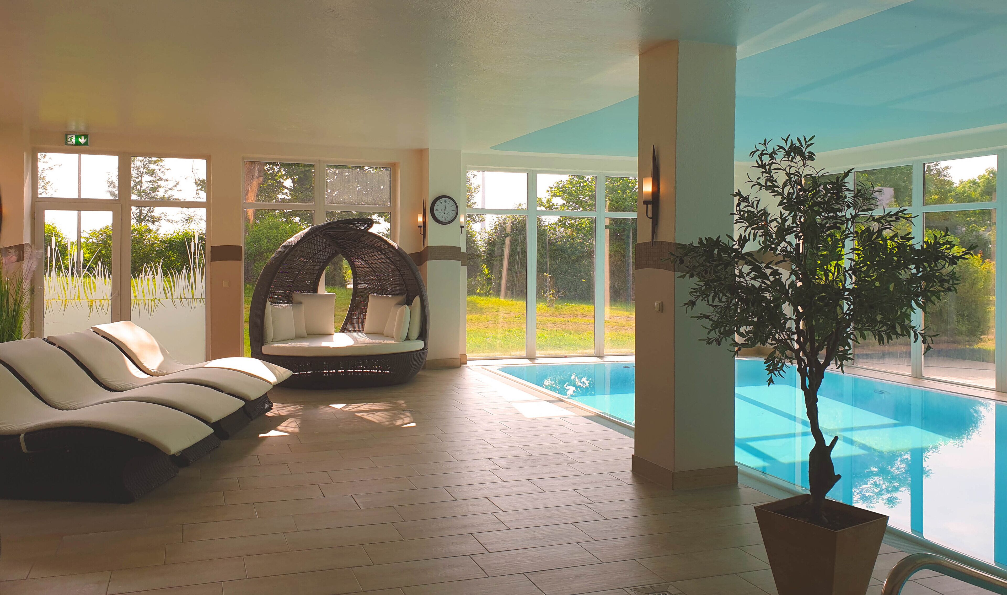 indoor pool, pool loungers