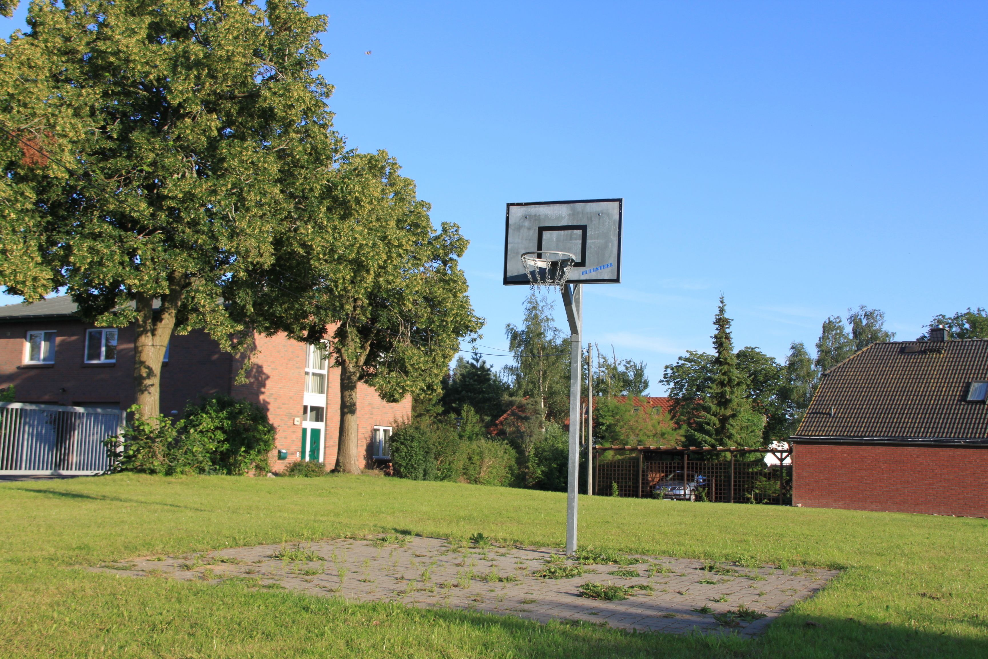 Een basketbalring in een grasrijk gebied met een bakstenen gebouw en bomen op de achtergrond.