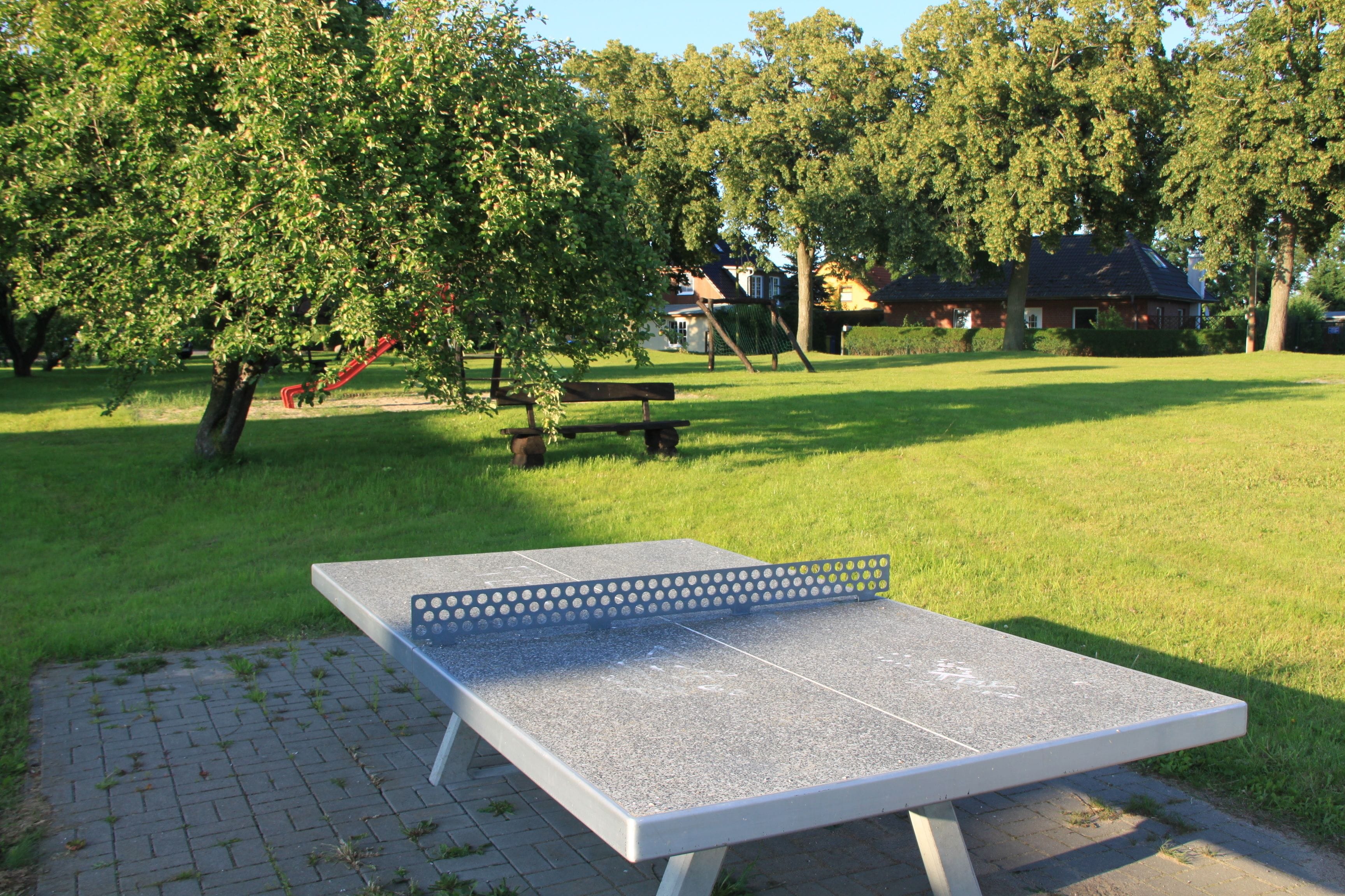 A ping pong table in a park with trees and a house in the background.