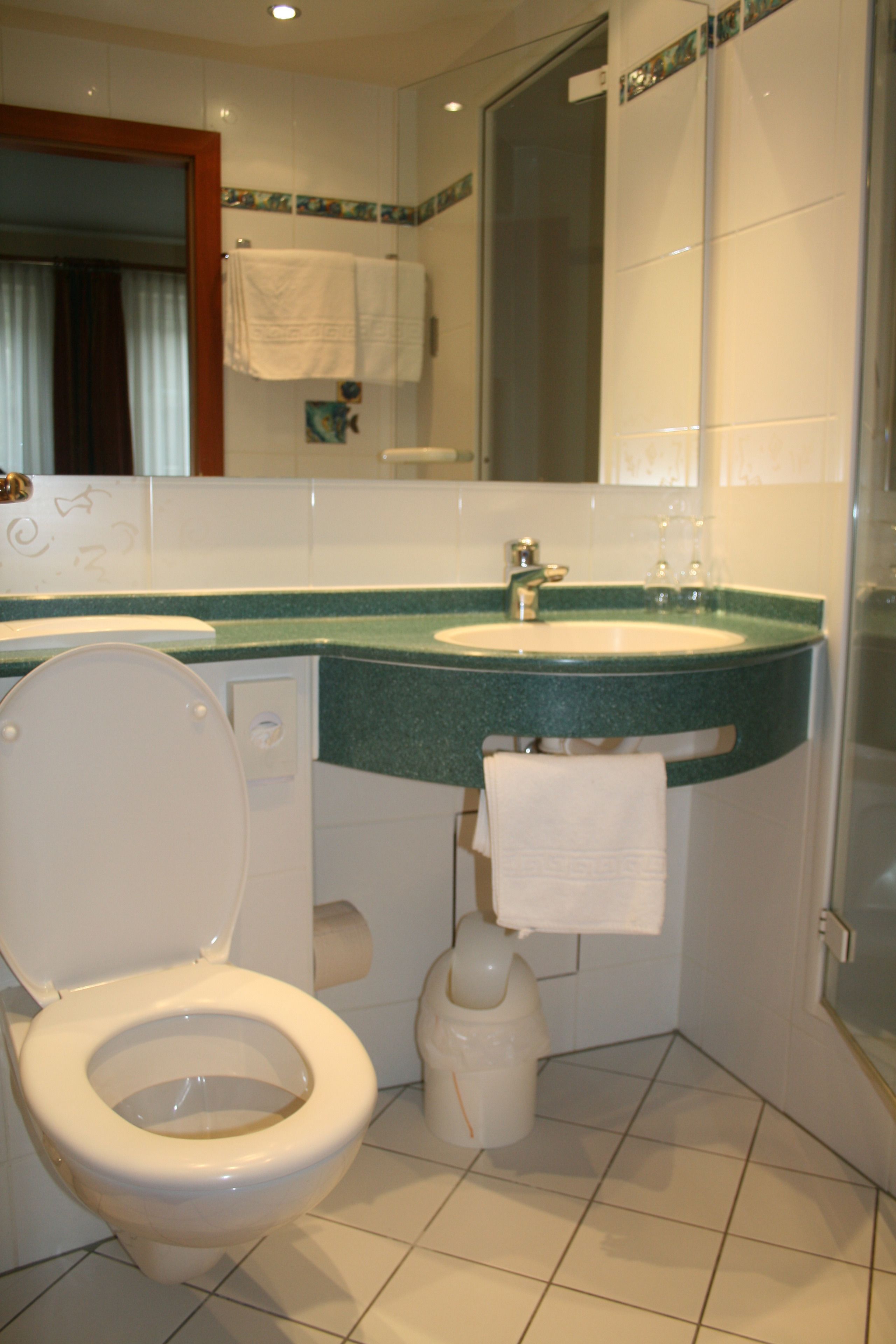 Ein Badezimmer mit Toilette, Waschbecken und Dusche.