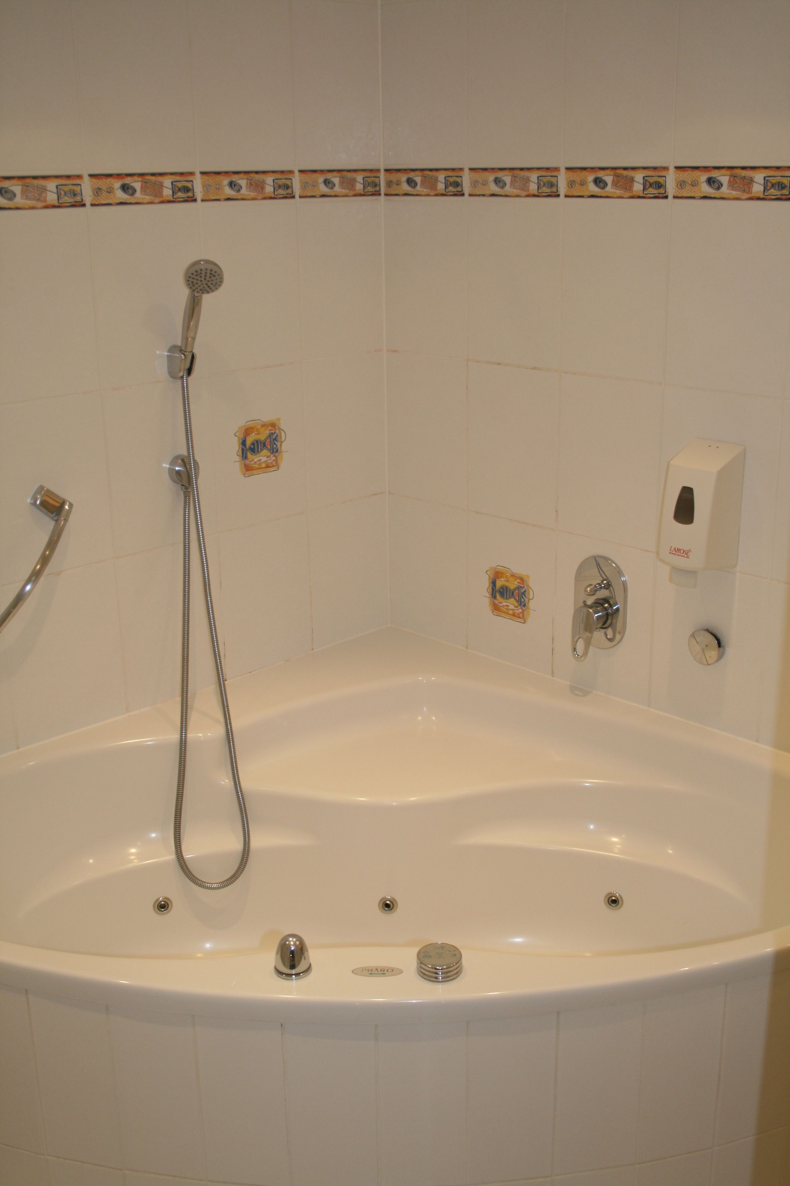 A bathtub with a handheld showerhead, a soap dispenser, and a small decorative tile above it.