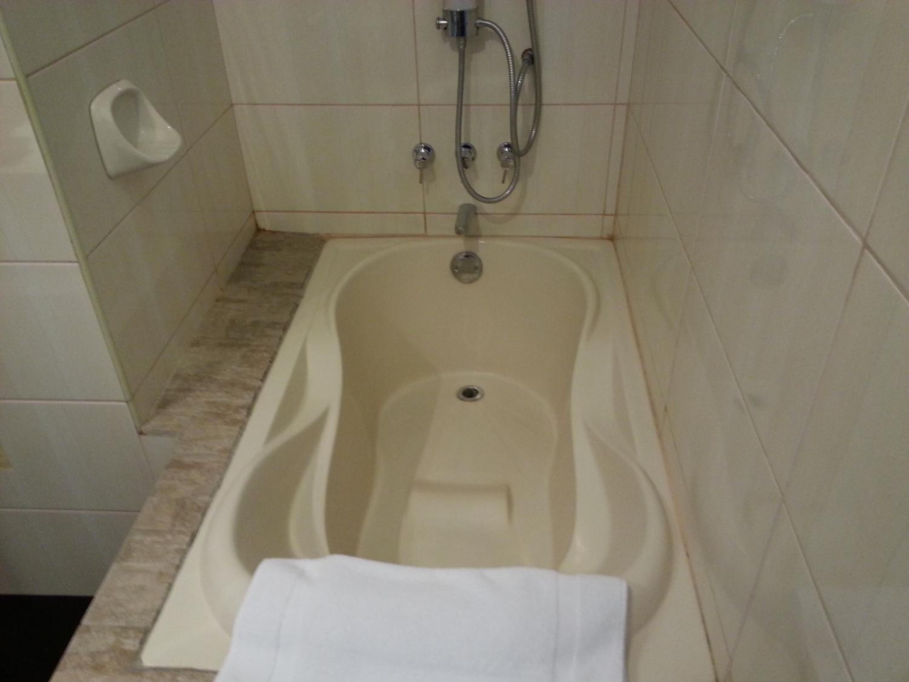 A bathroom with a bathtub, a toilet, and a shower.