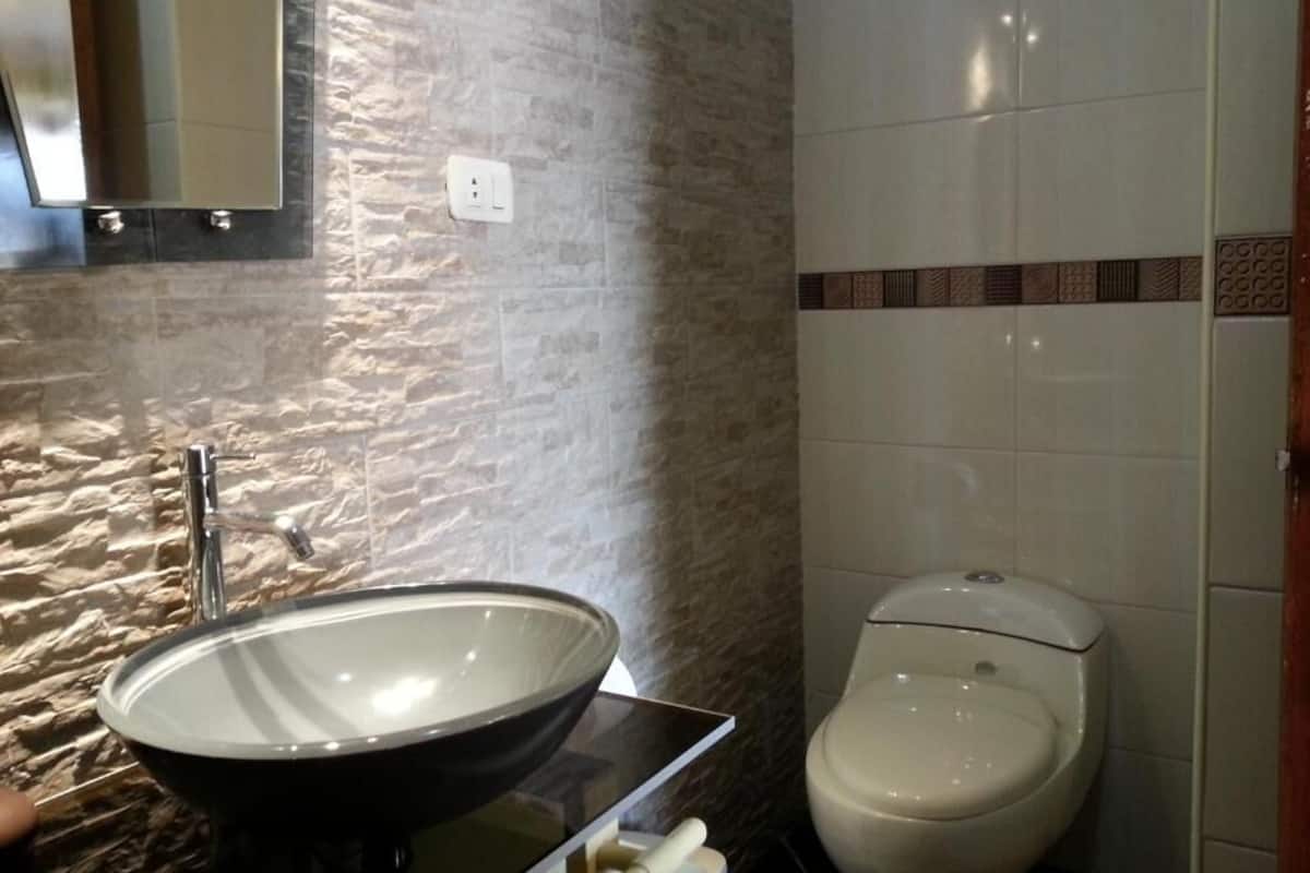 combined shower/bathtub, free toiletries, hair dryer, towels