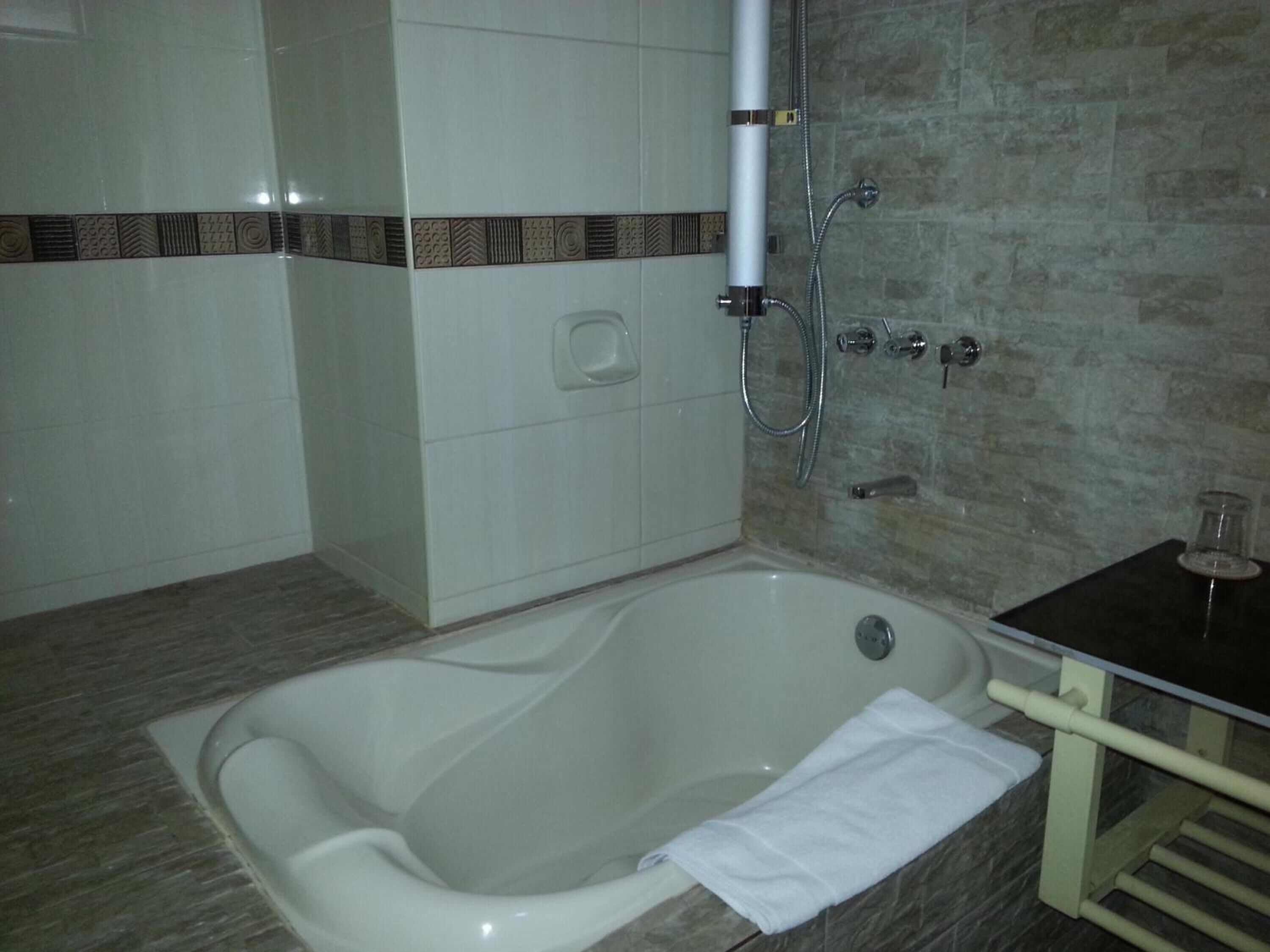 A bathroom with a freestanding bathtub, a towel rack, and a shower head.