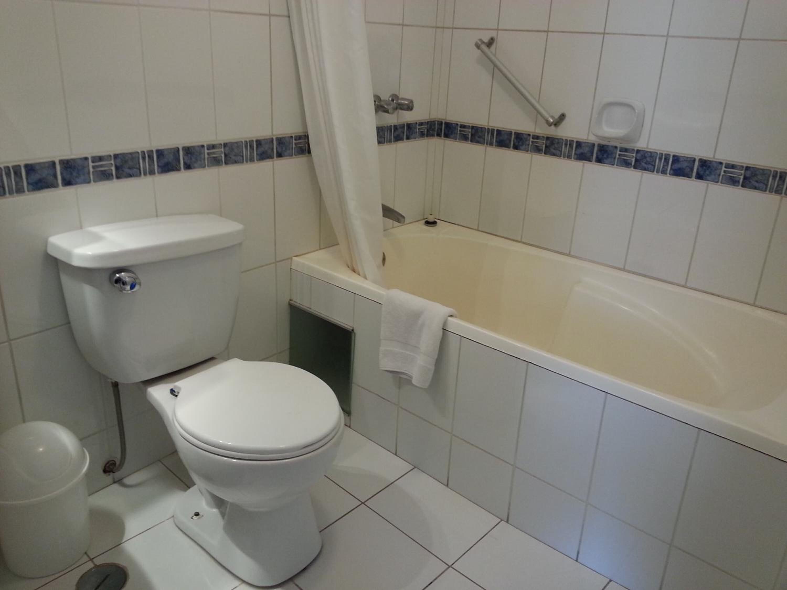 A bathroom with a toilet, a bathtub, and a shower.