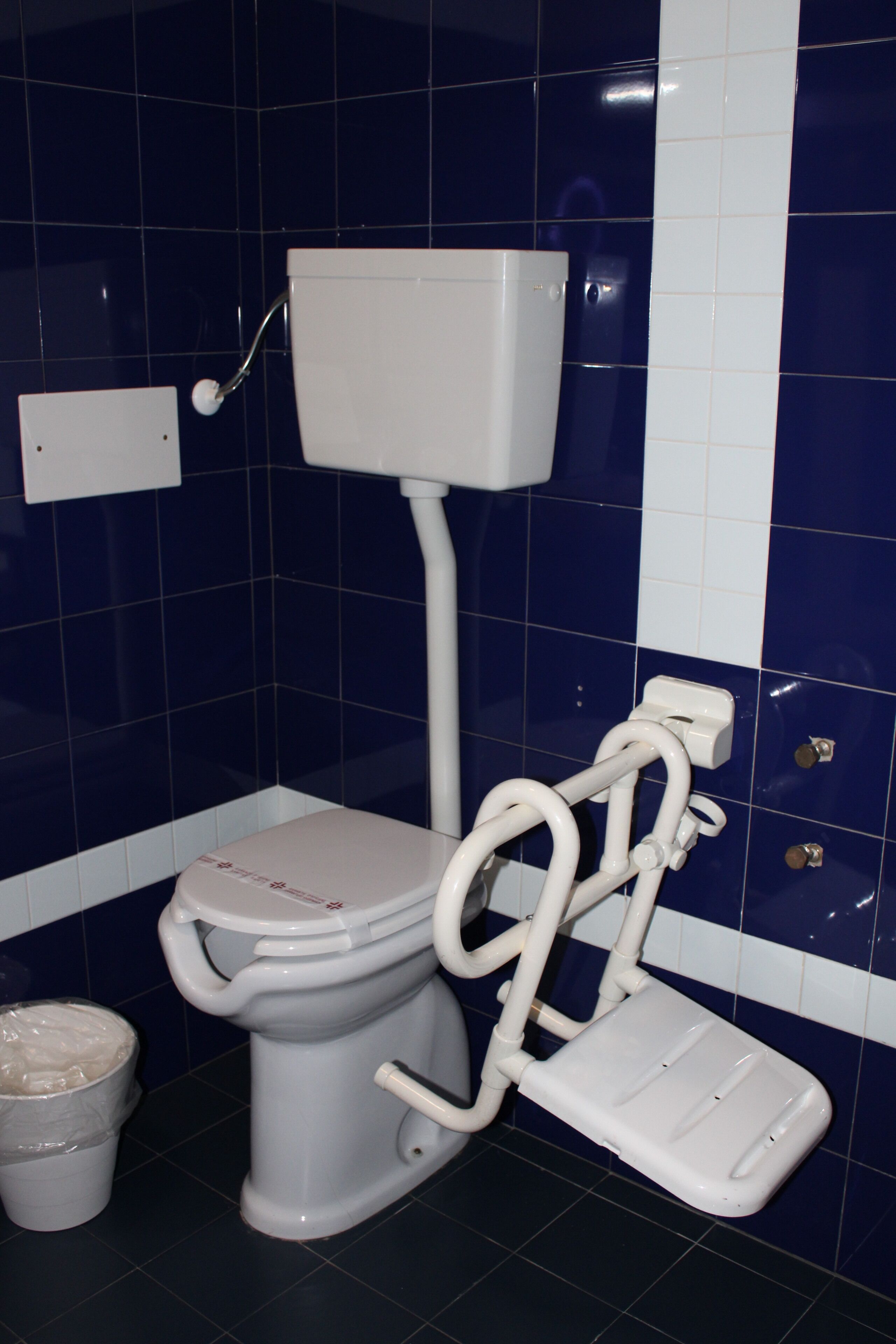 A bathroom with a white toilet, a bidet attachment, and a trash bin.