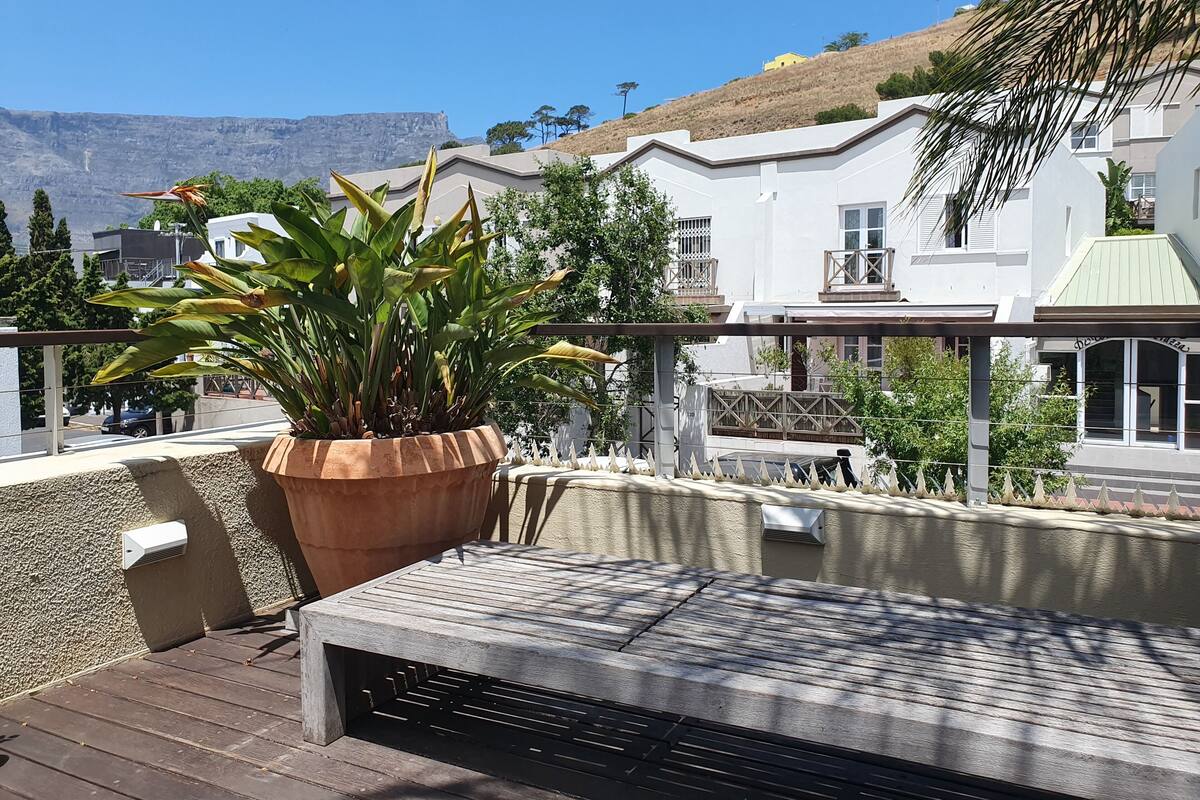 A rooftop pool area with a large potted plant, a wooden deck, and a view of a hillside with buildings.