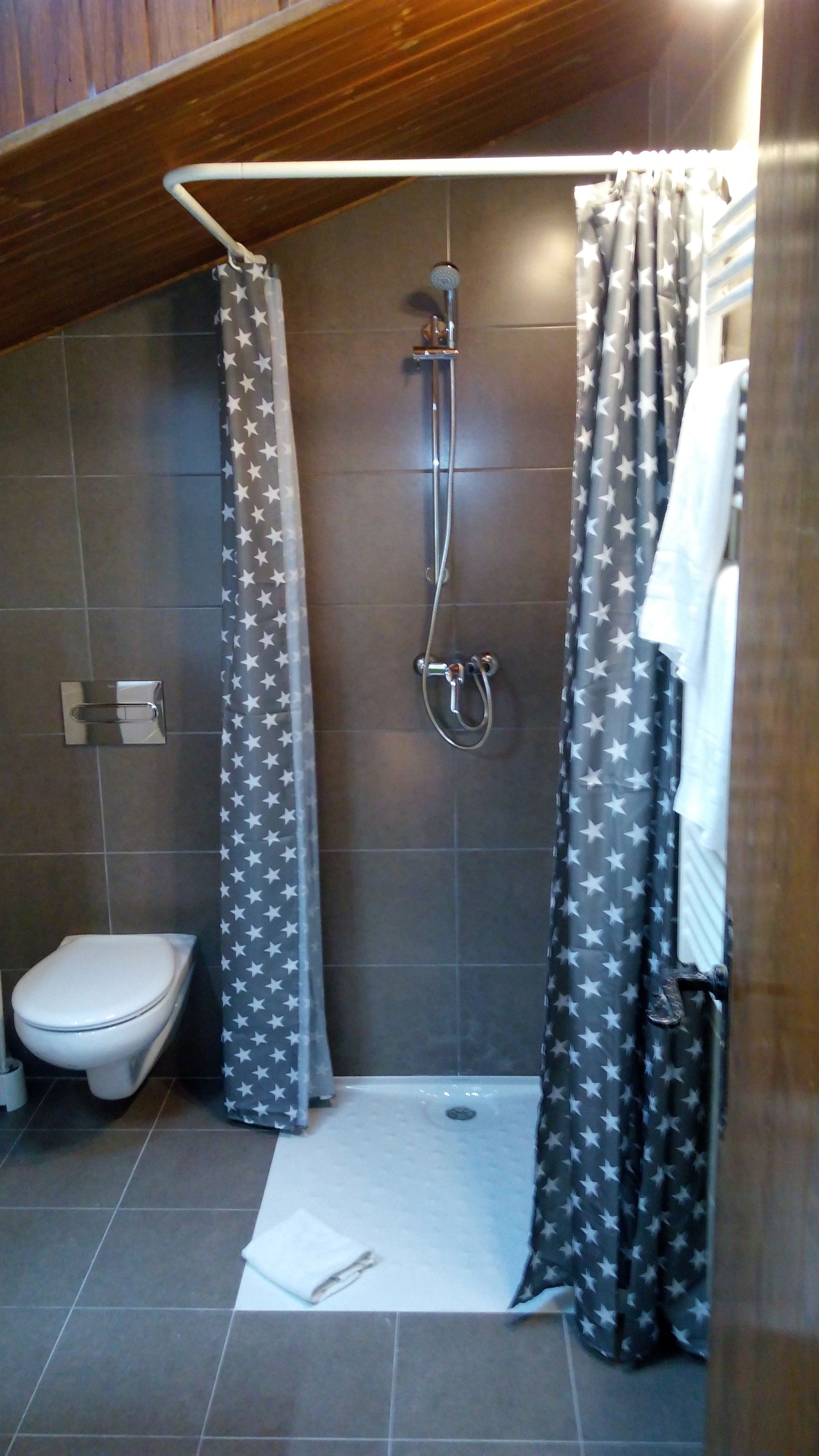 A small, compact bathroom with a shower, toilet, and a towel rack.