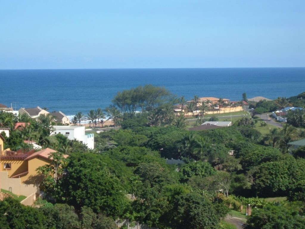 Uma área residencial costeira com casas, vegetação densa e vista para o oceano.