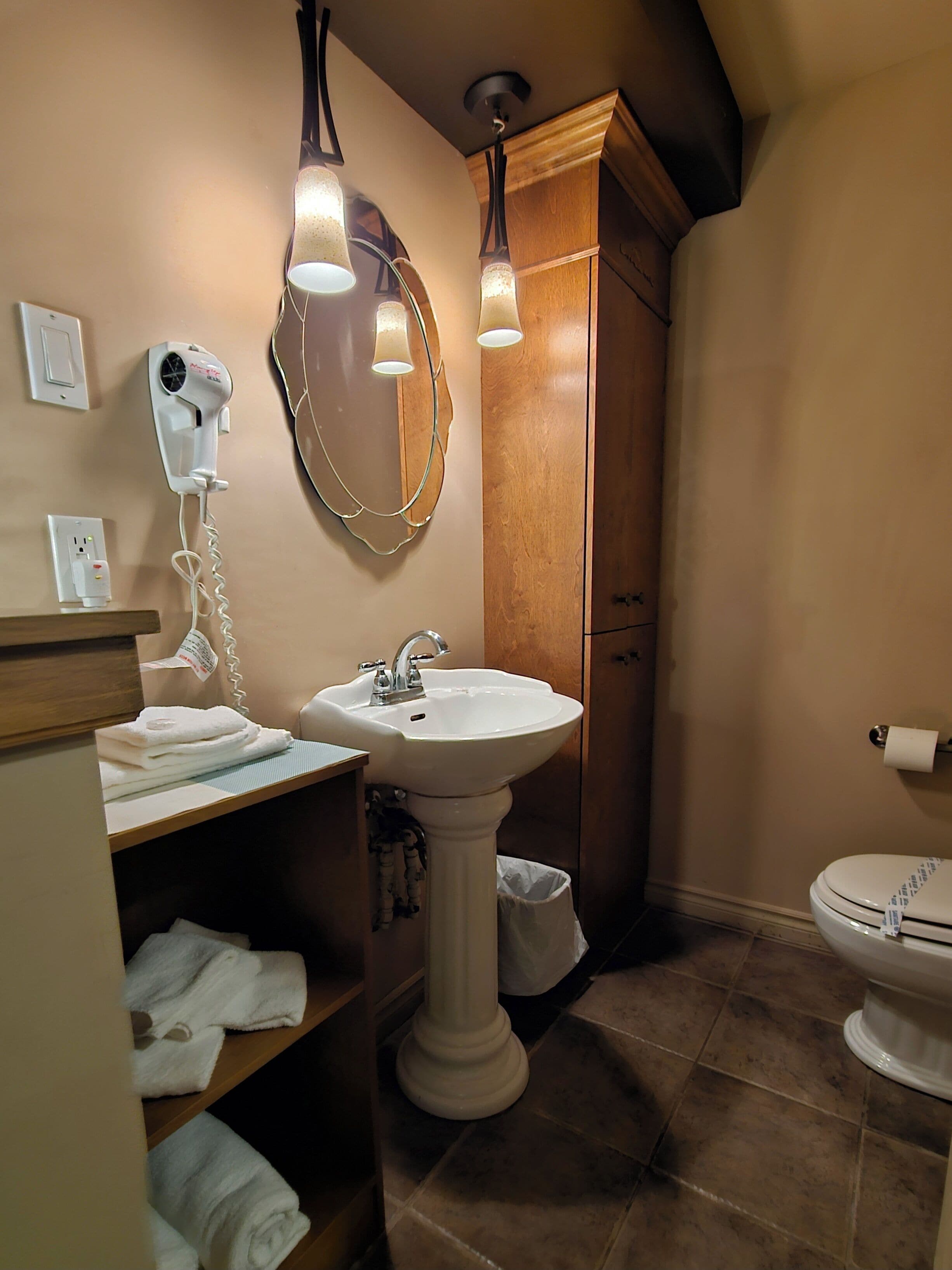 Une salle de bain équipée d’un lavabo sur colonne, d’un sèche-cheveux, d’un miroir et de toilettes.
