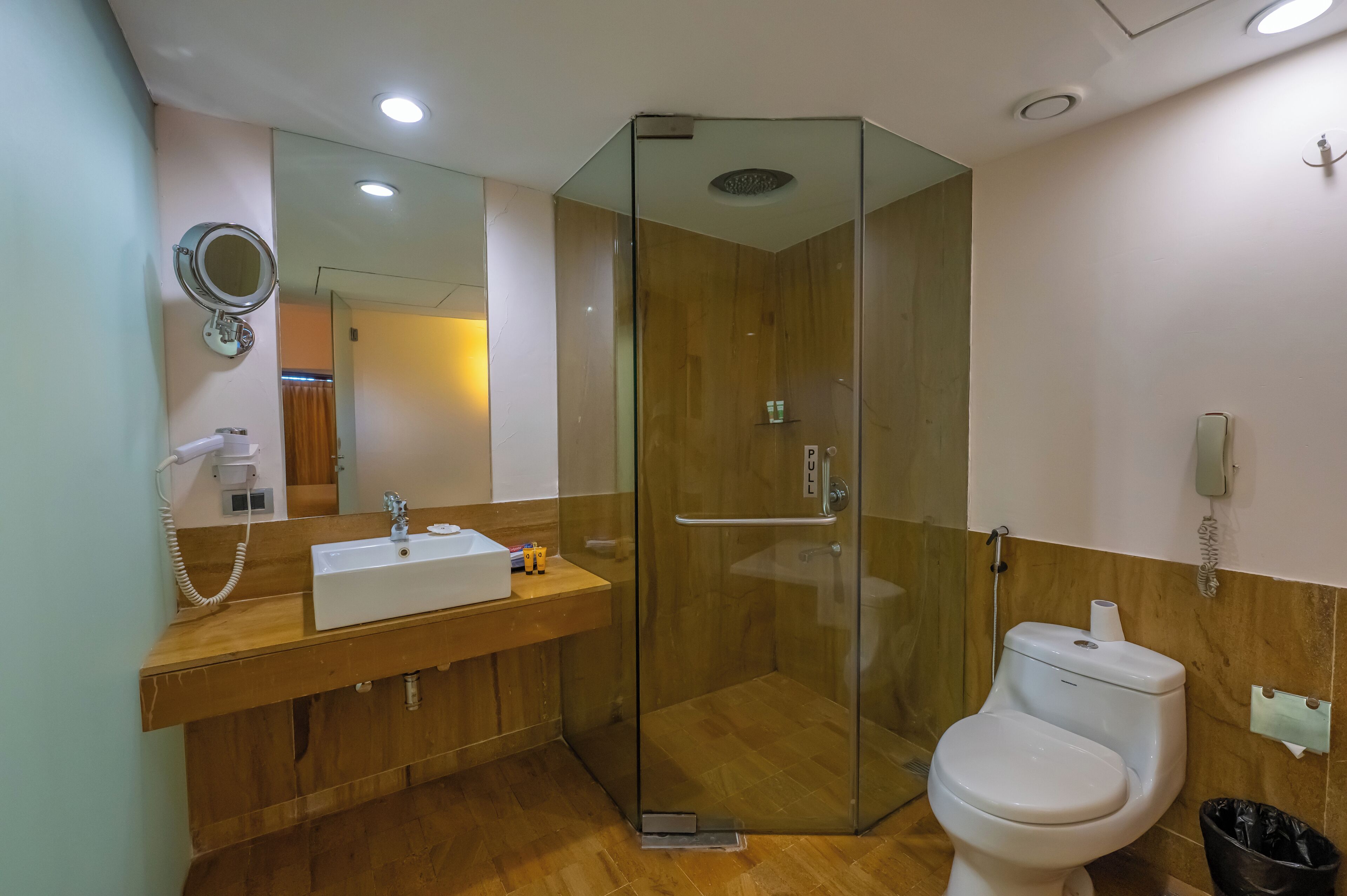A modern bathroom with a glass-enclosed shower, a sink with a mirror, and a toilet.