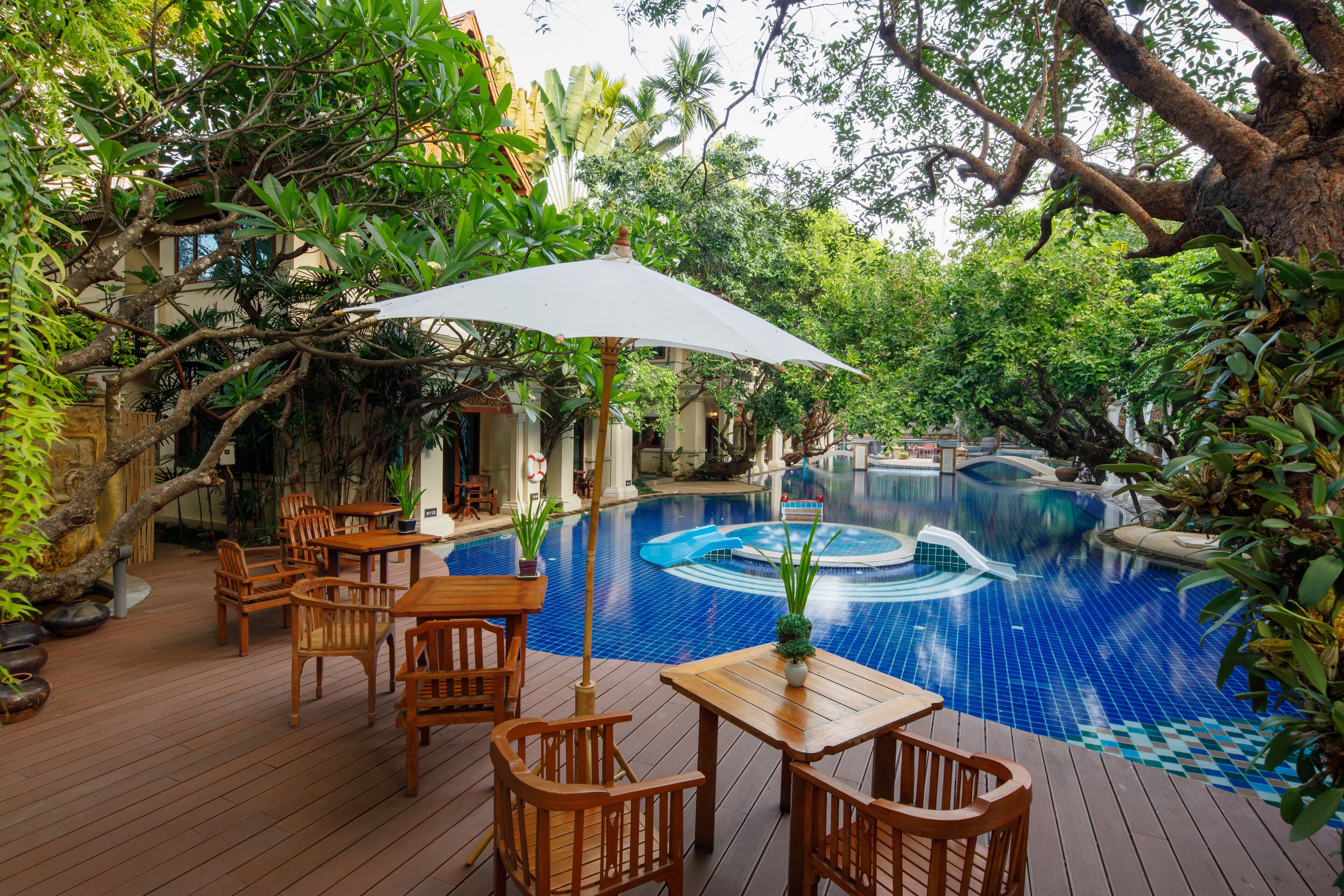 Outdoor pool, pool umbrellas, pool loungers