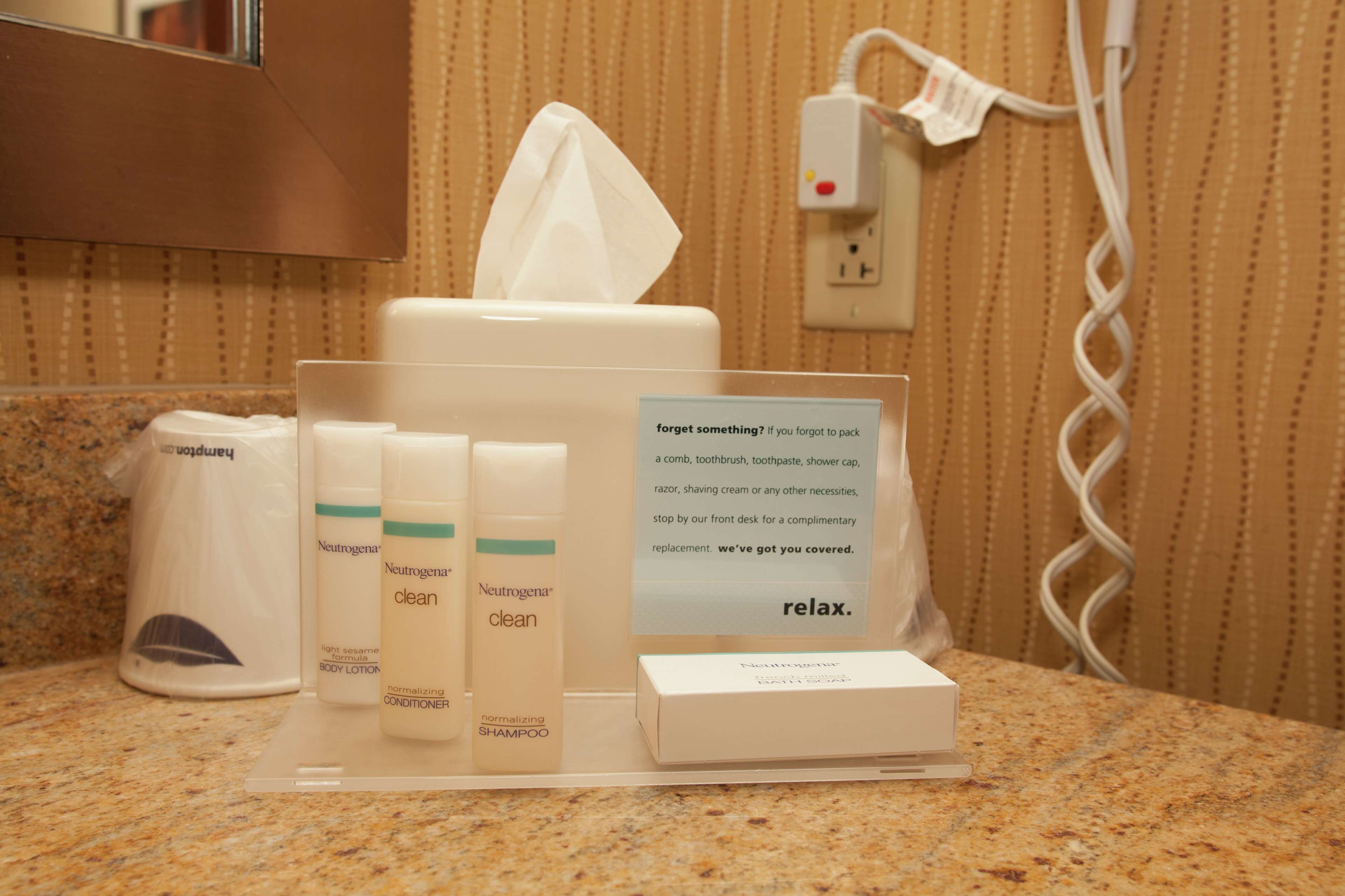 free toiletries, hair dryer, towels