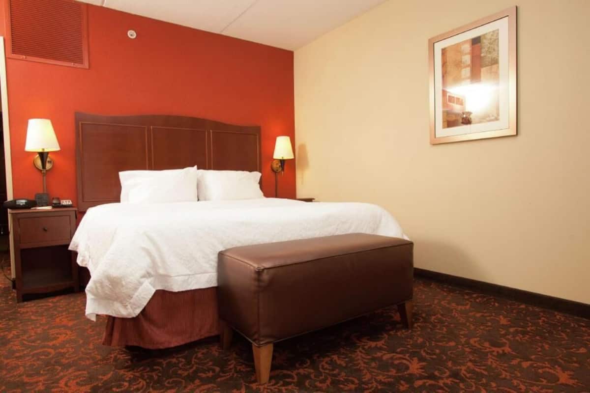 A hotel room with a bed, two bedside lamps, a nightstand, a bench, a framed picture on the wall, and a patterned carpet.