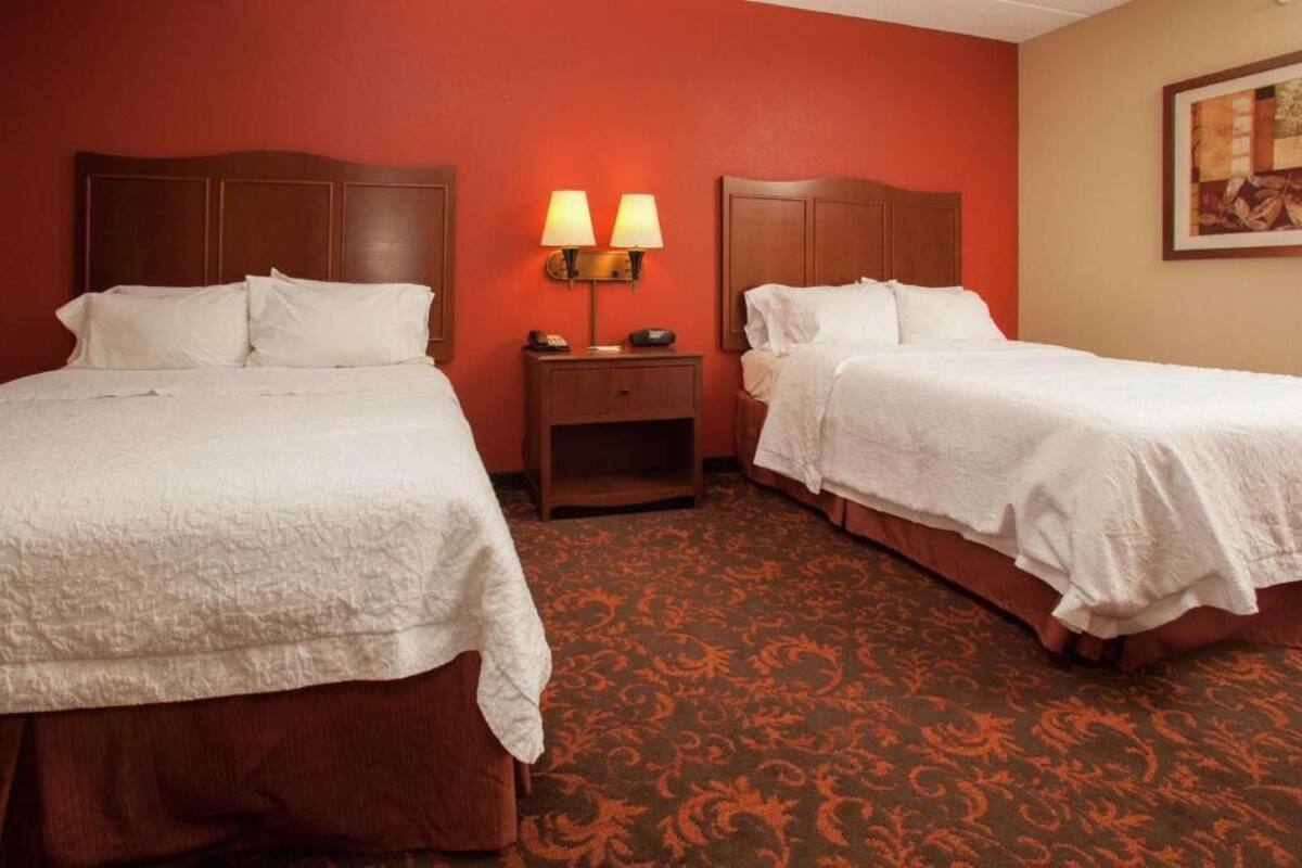 A hotel room with two beds, a nightstand with lamps, and a patterned carpet.