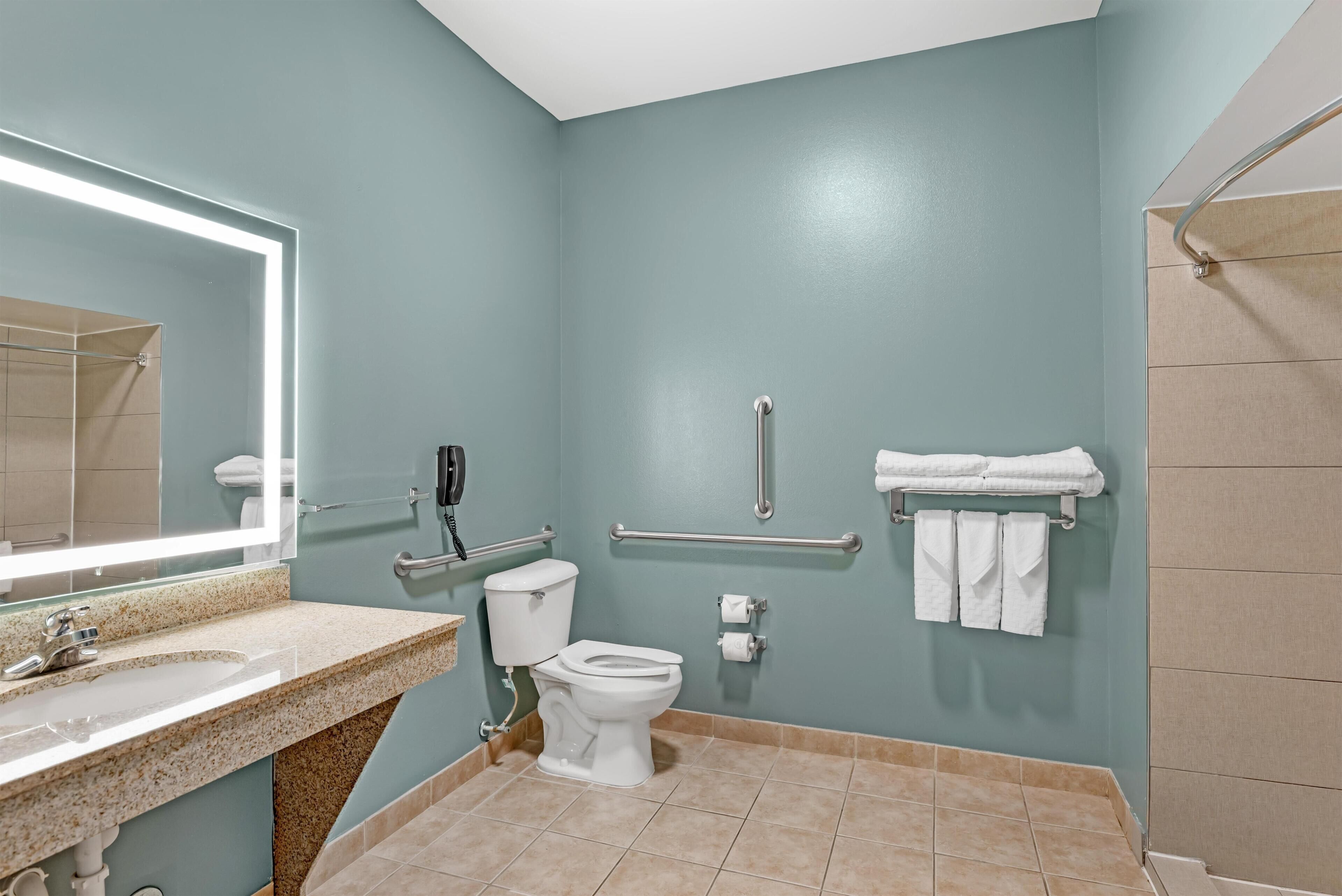 A bathroom with a sink, toilet, handrails, and a mirror.