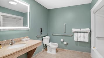 A bathroom with a sink, toilet, and handrails.