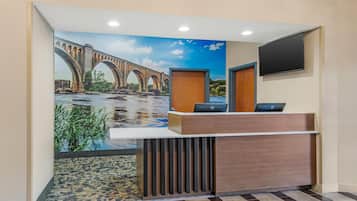 A reception desk with a mural of a bridge, a flat-screen TV, and a patterned carpet.