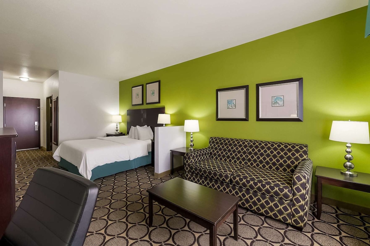 Una habitación de hotel con cama, sofá, escritorio y dos lámparas.