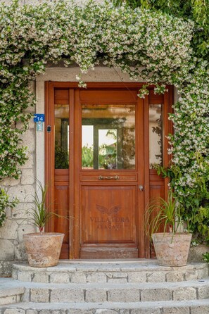 A wooden villa entrance with a stone wall, a wooden door with a glass panel, and two potted plants on the steps. - Villa Fora Hotel (Cesme)