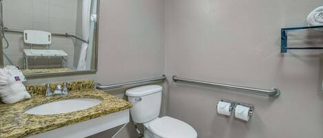 A bathroom with a sink, toilet, and handrails.