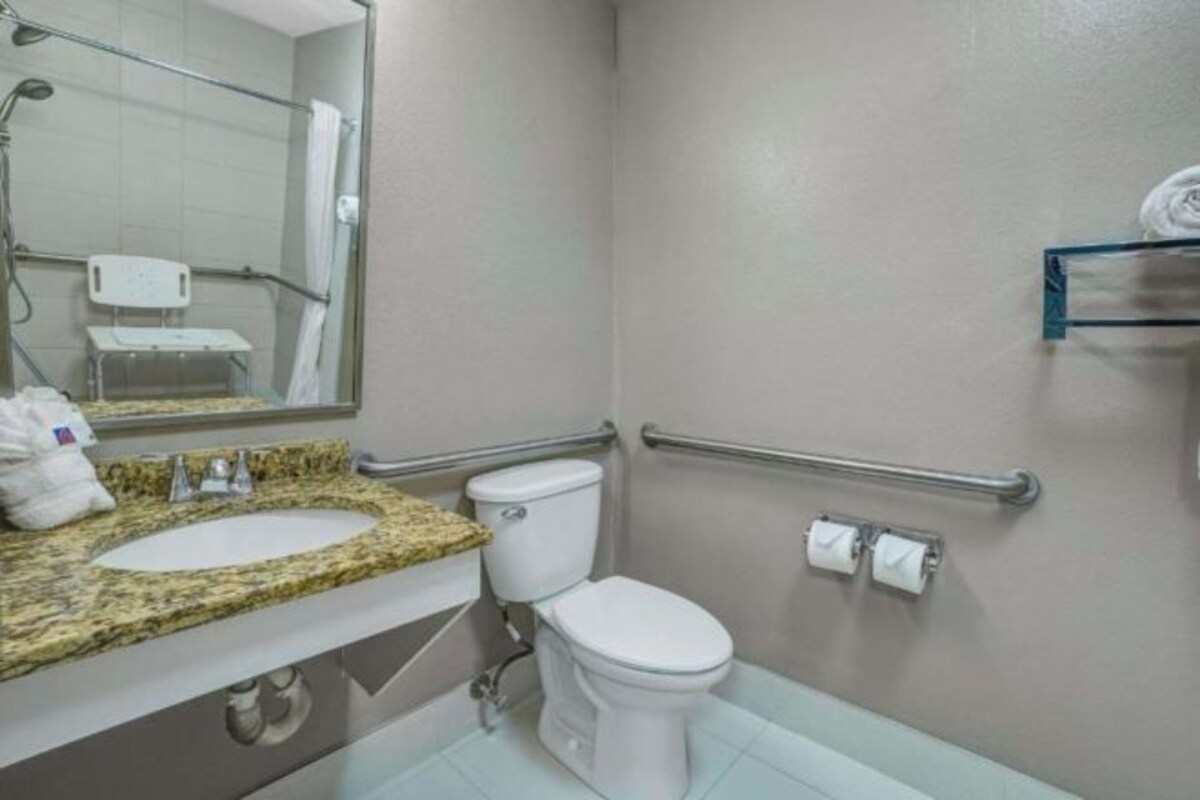 A bathroom with a sink, toilet, and shower. There are handrails on the walls and a towel rack.