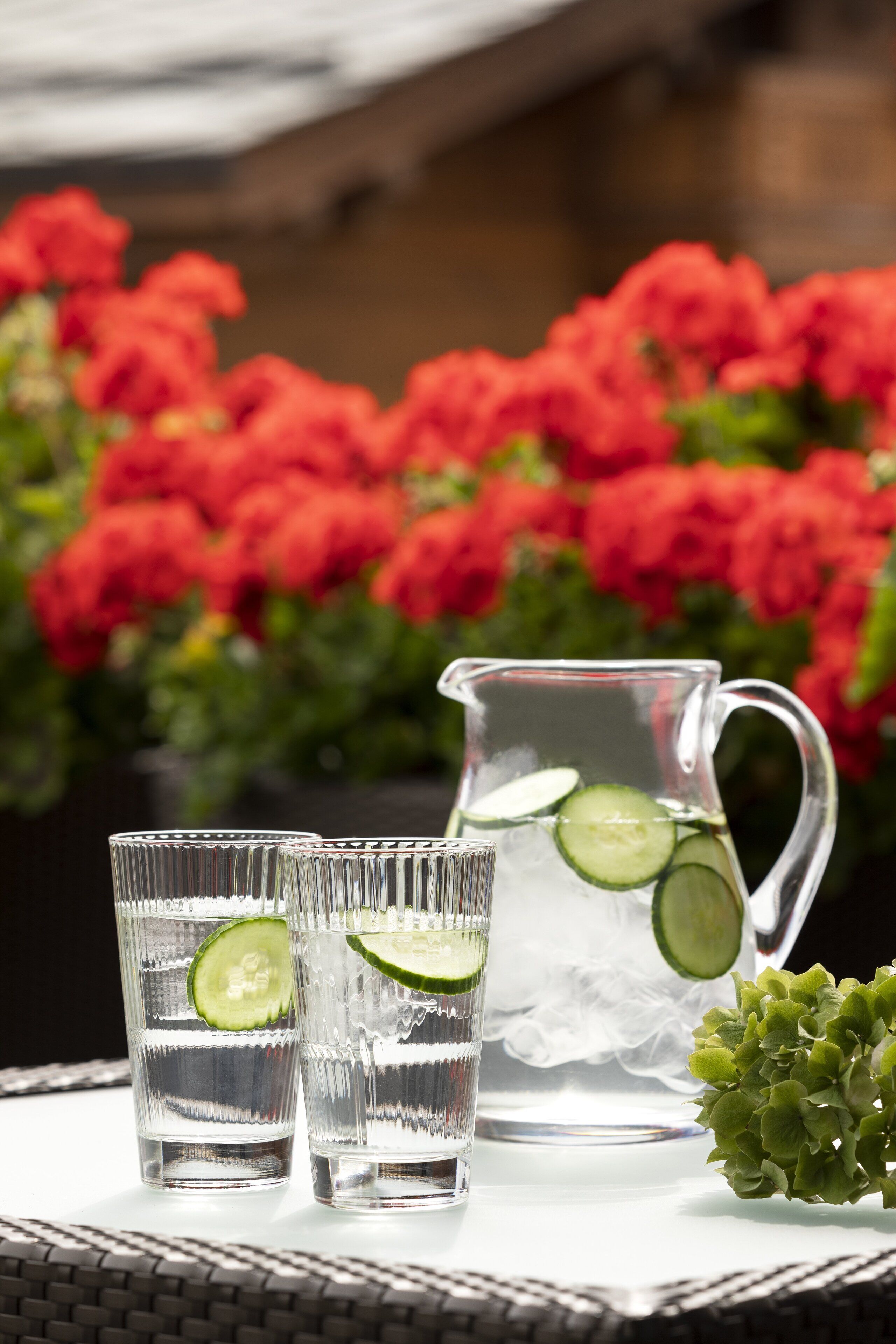 Deux verres d’eau avec des rondelles de concombre, une carafe d’eau et une plante verte sur une table.