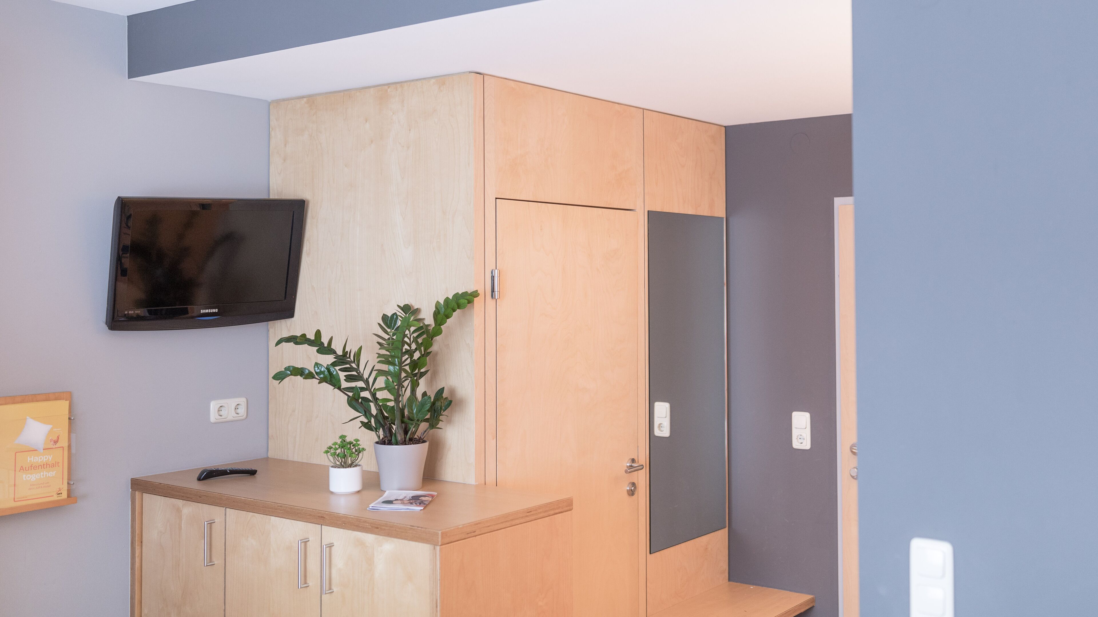 Una habitación moderna con un armario de madera, un televisor de pantalla plana, una pequeña planta en maceta y un cuadro en la pared.