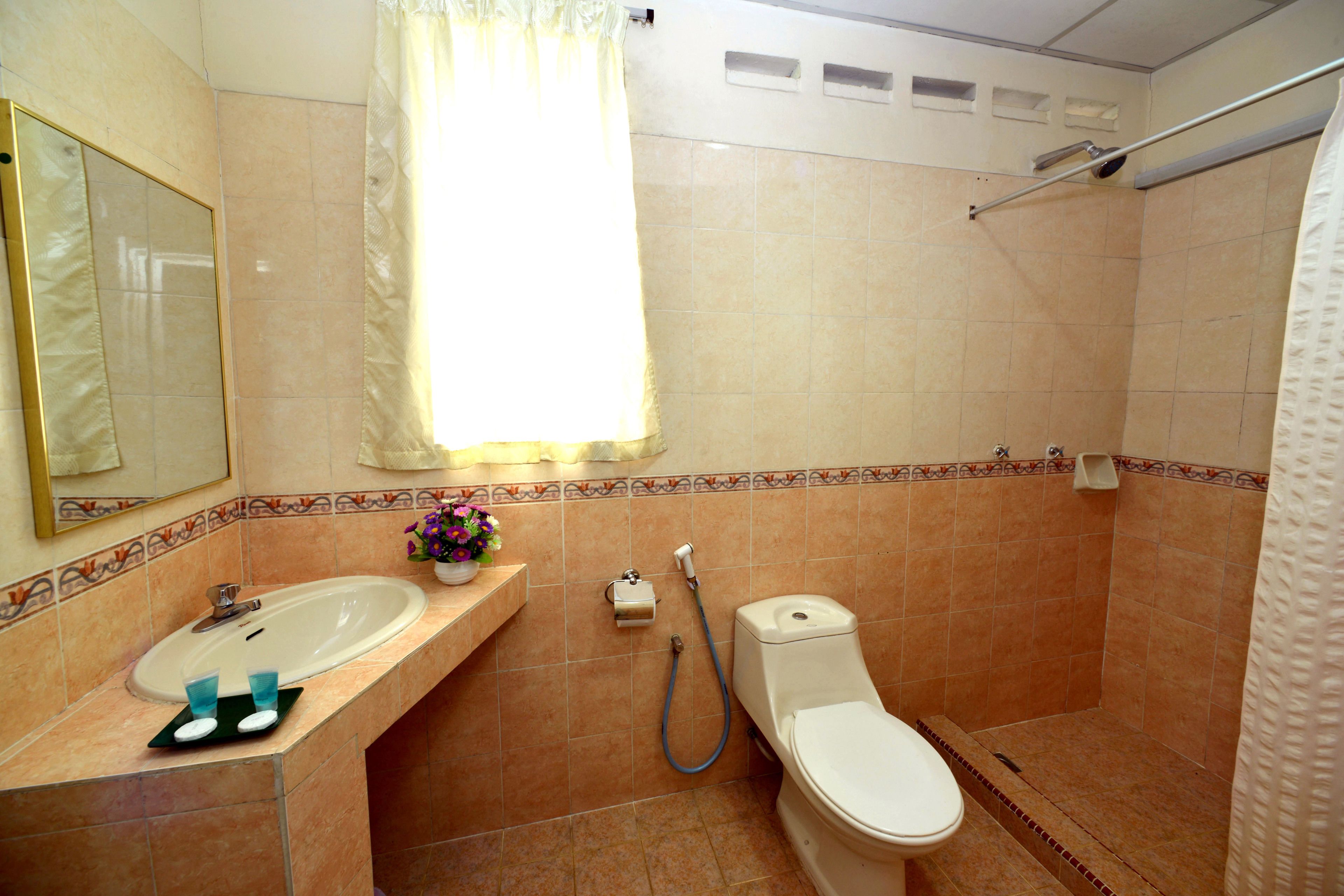 superior queen room | bathroom | shower, free toiletries, hair dryer, towels
