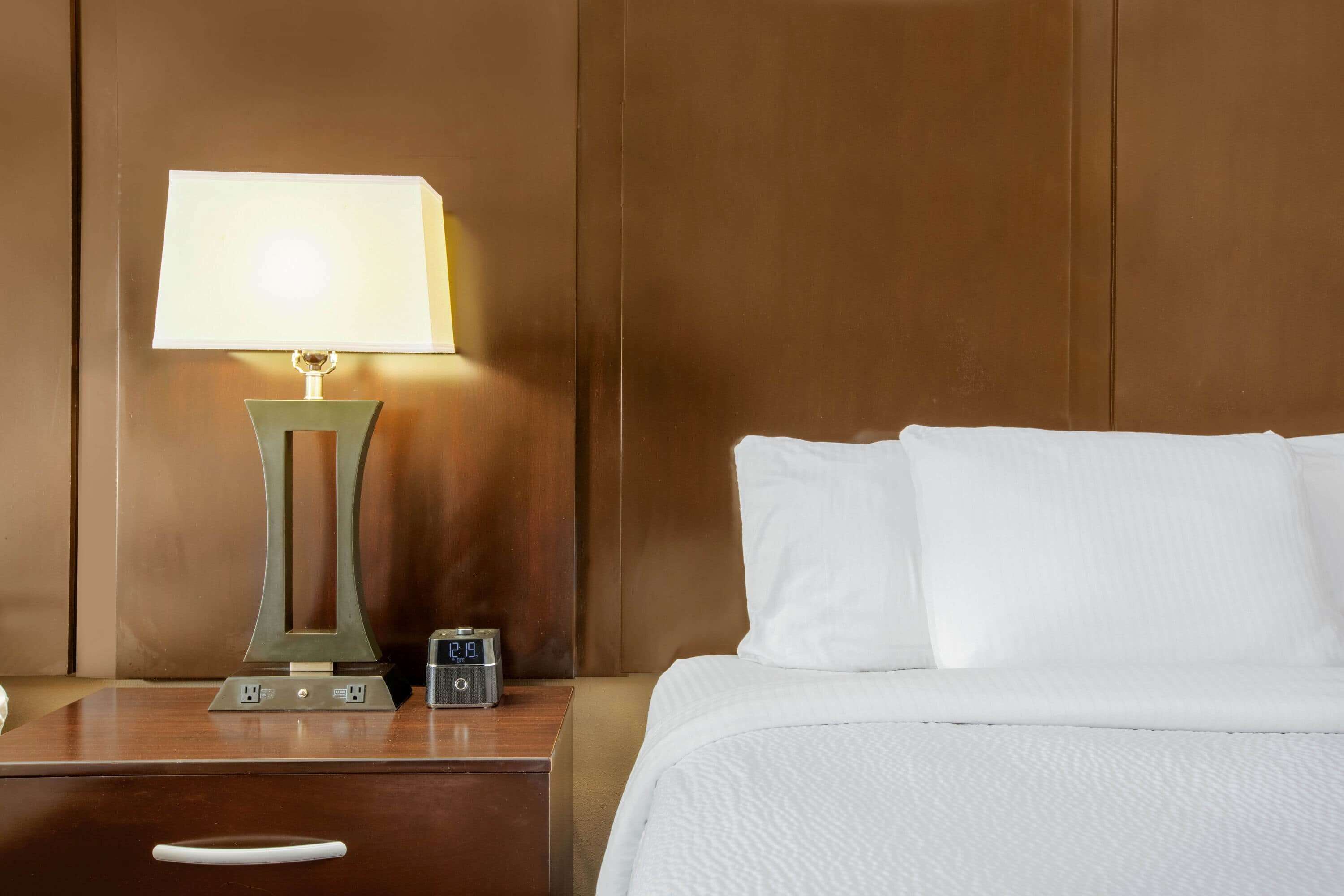 premium bedding, desk, blackout curtains, iron/ironing board