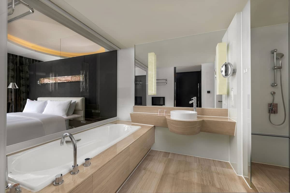 separate bathtub and shower, designer toiletries, hair dryer, bathrobes