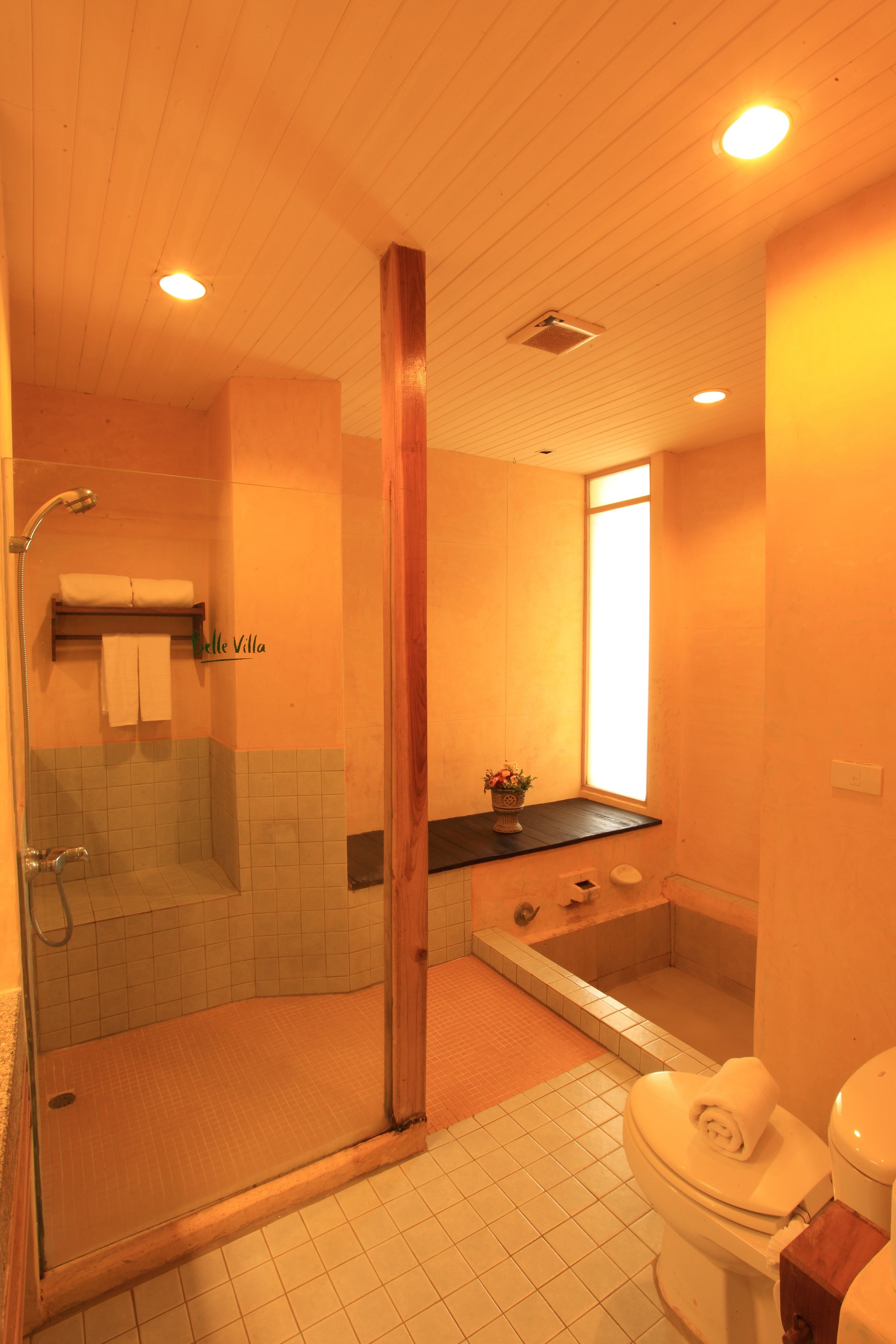 A bathroom with a glass shower enclosure, a bathtub, a toilet, and a vanity with a sink.